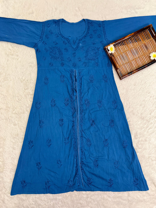 Royal blue cotton A-line long frock kurta with front slit and hand-embroidered Lucknowi chikankari work