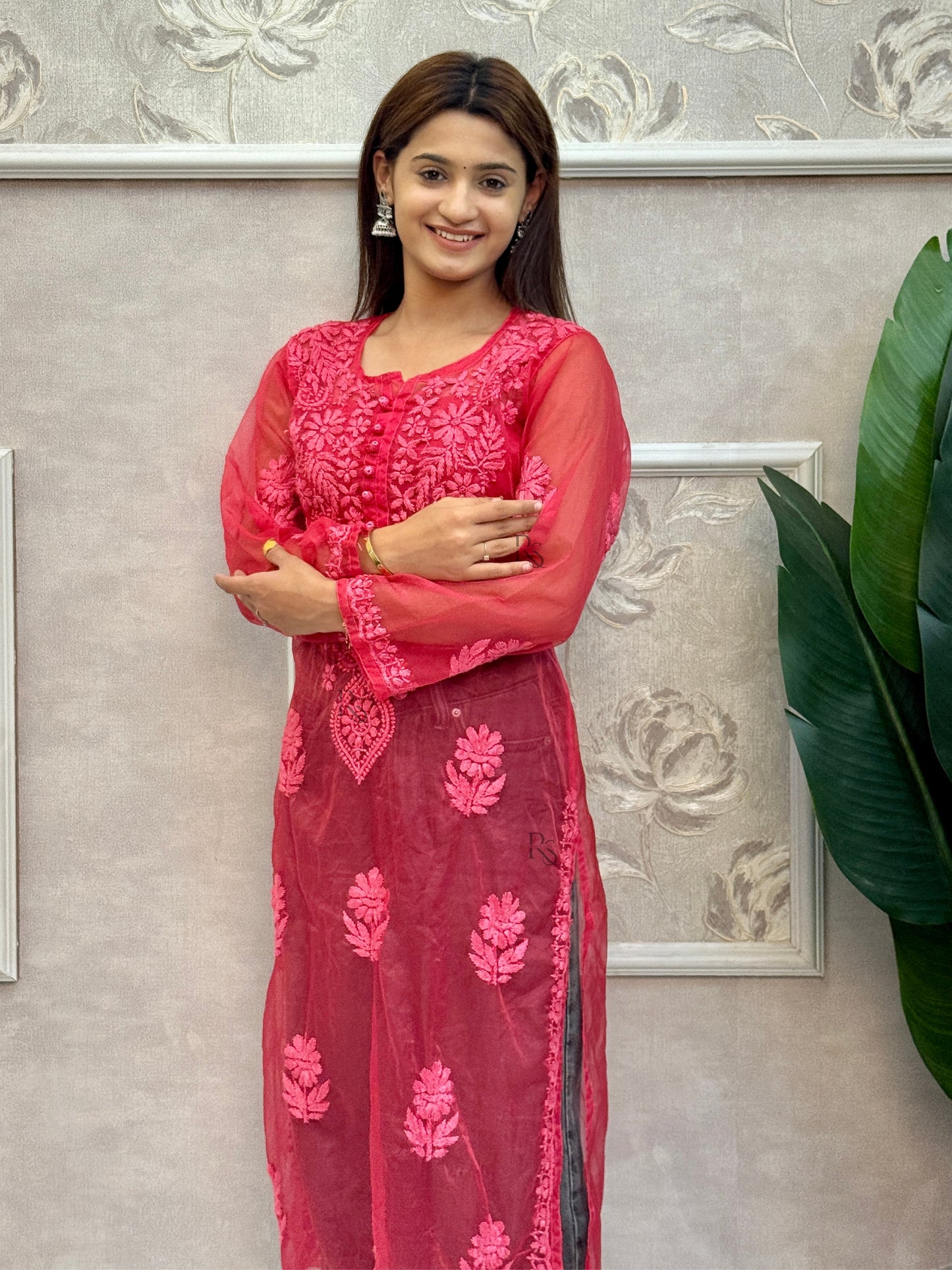 Rani pink Lucknow chikankari organza kurta with hand embroidery