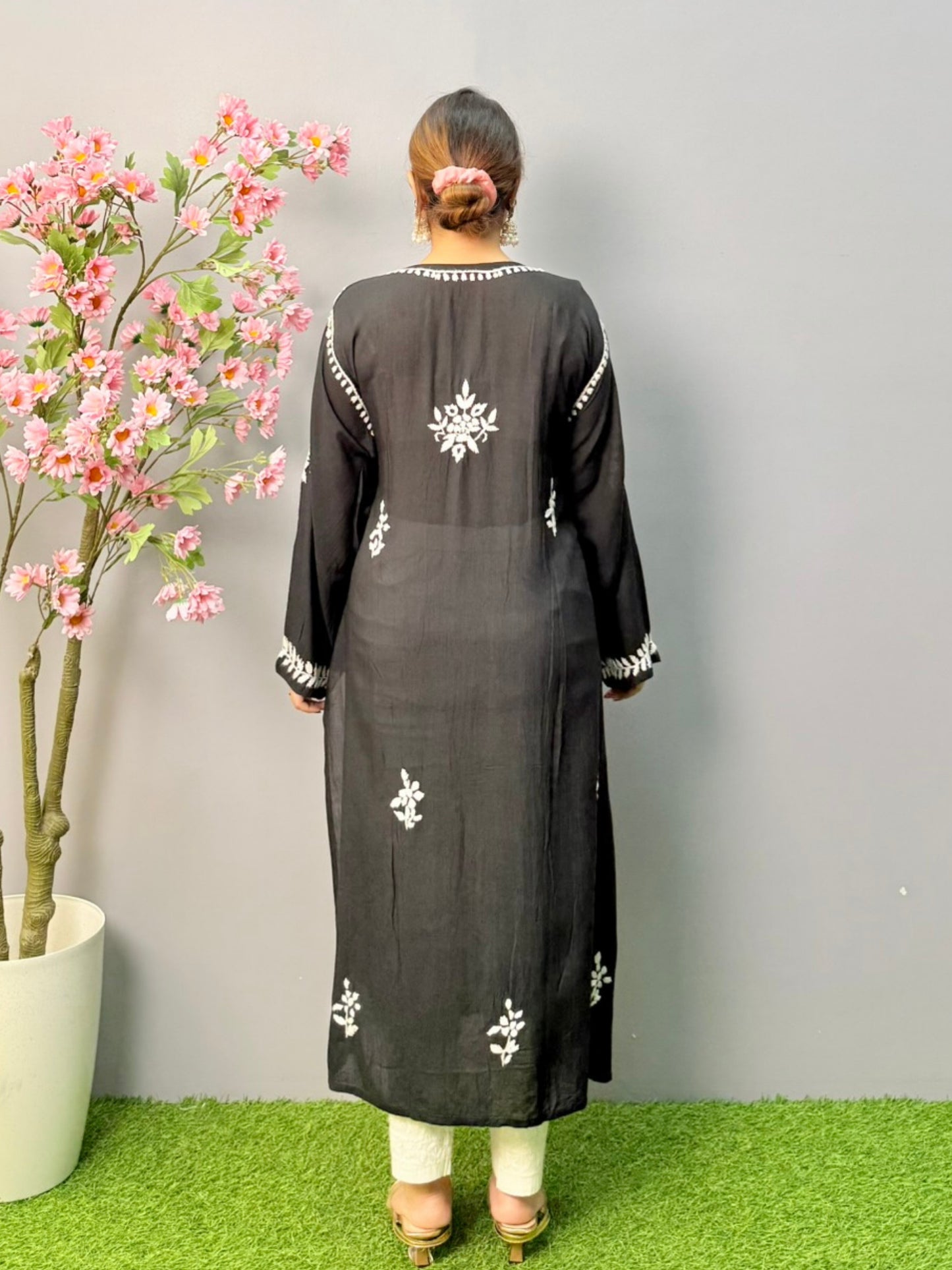 Black modal chikankari kurta with white hand embroidery – soft and comfortable