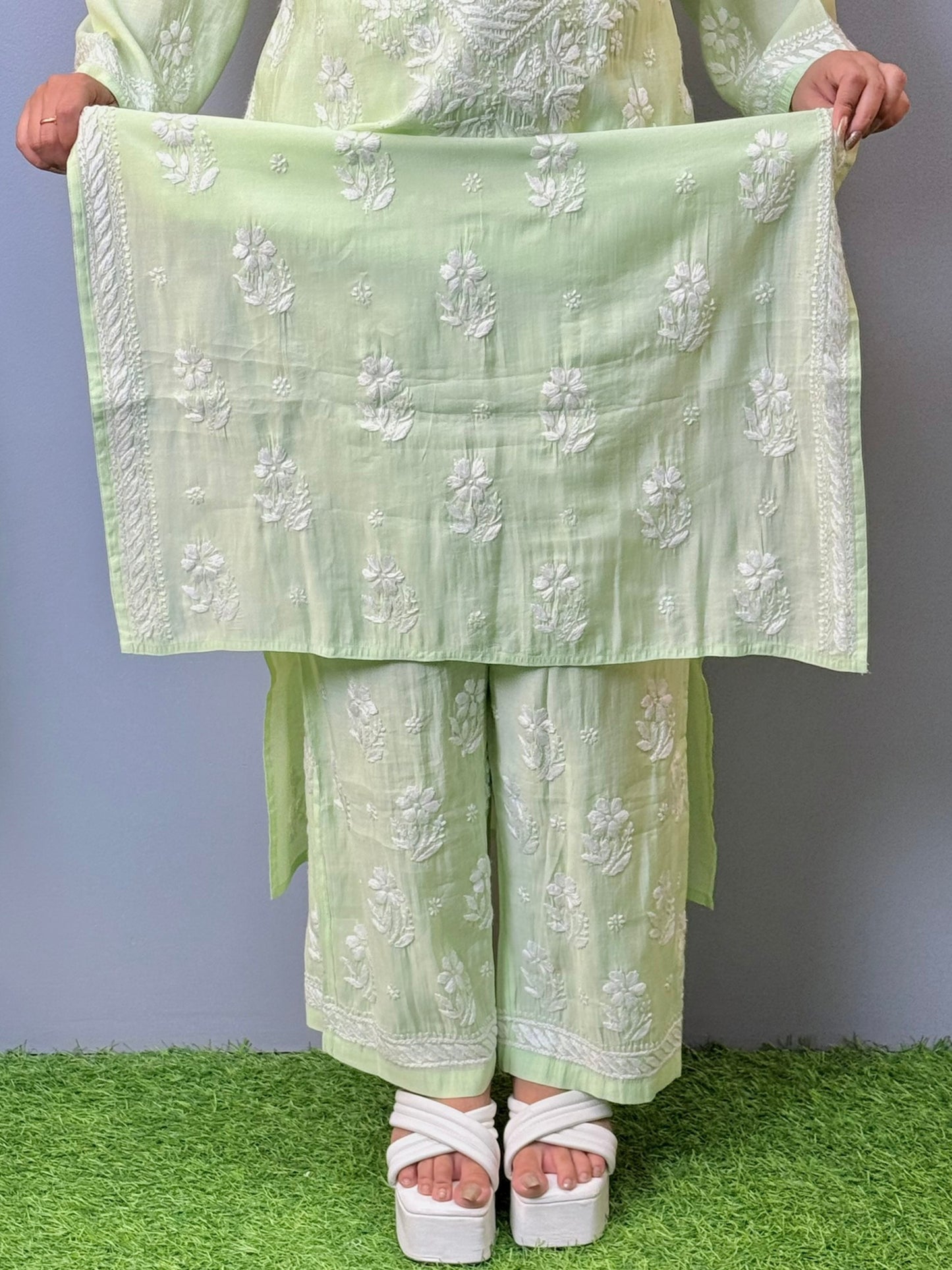 Pastel green chanderi chikankari kurta pant set with delicate white embroidery