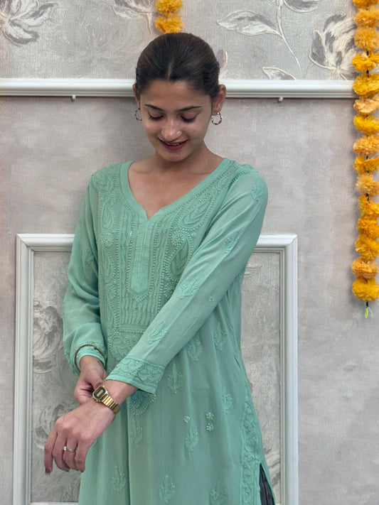 Mint green viscose chikankari kurta with hand embroidery, premium quality and soft fabric