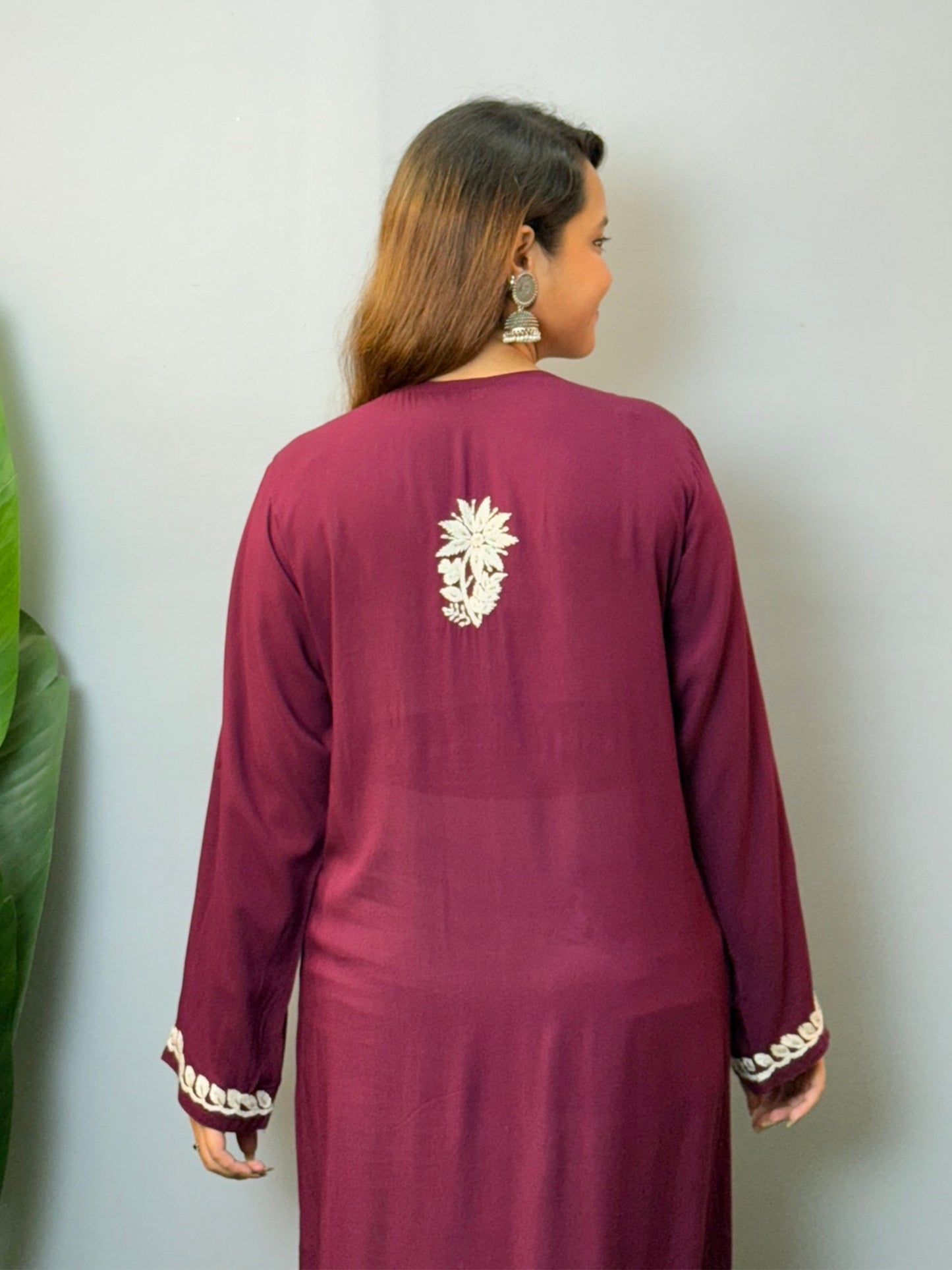 Wine modal angrakha style chikankari kurta with white hand embroidery and tie-up details