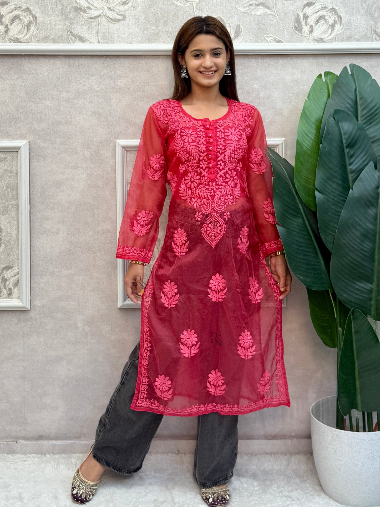 Rani pink Lucknow chikankari organza kurta with hand embroidery