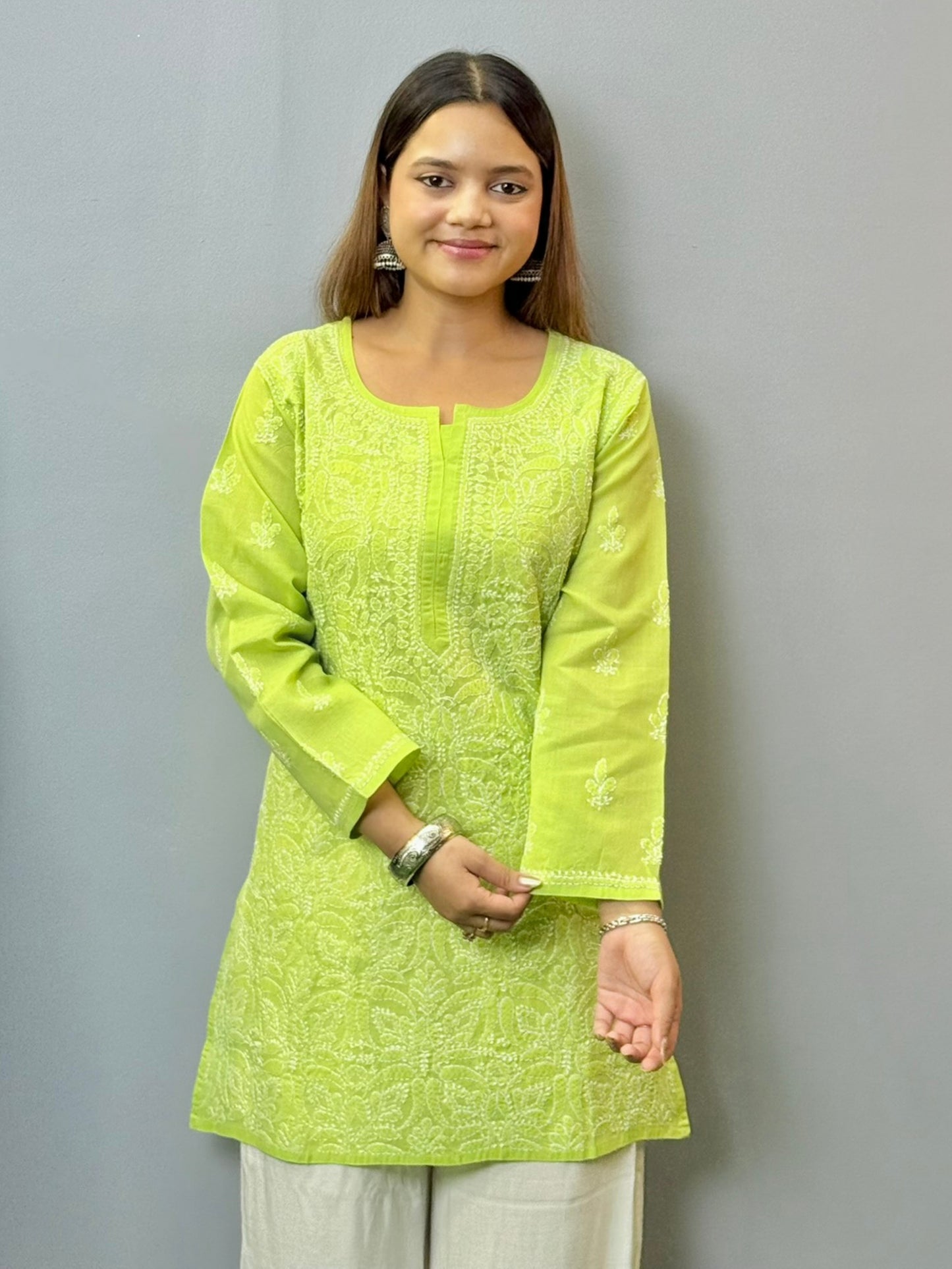 lime green kurta, voile cotton chikankari, Lucknowi embroidery, casual short kurta, premium quality ethnic wear, breathable kurta, summer kurta