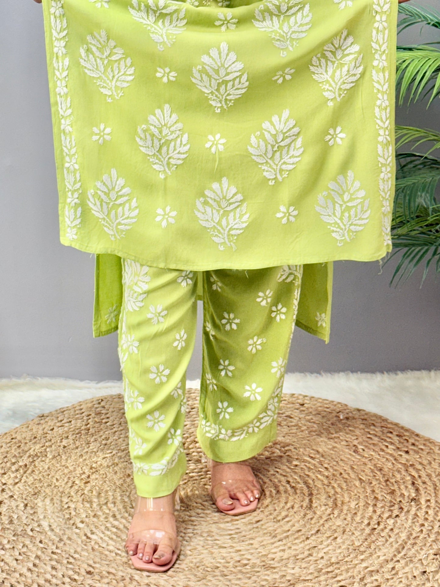 Pista green rayon Lucknow Chikankari kurta and palazzo set with white embroidery