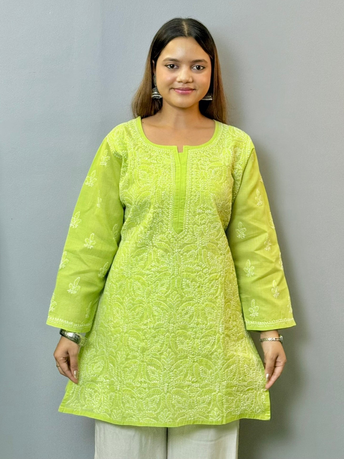 lime green kurta, voile cotton chikankari, Lucknowi embroidery, casual short kurta, premium quality ethnic wear, breathable kurta, summer kurta