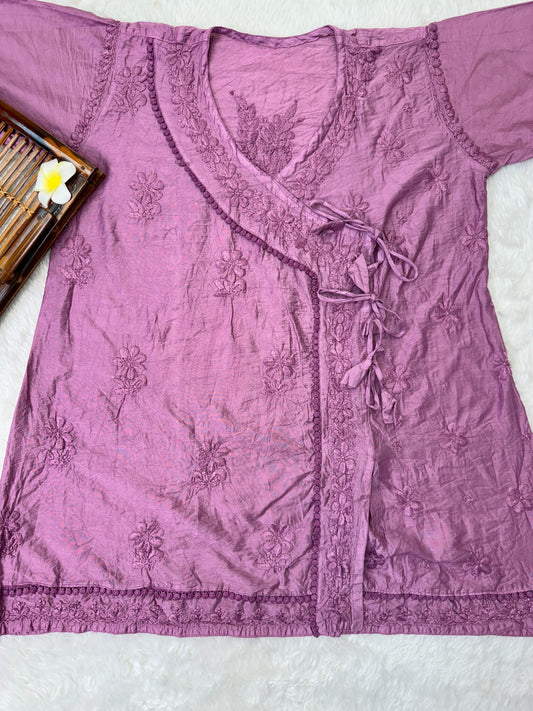 Lavender Angrakha style short frock in chanderi fabric with hand-embroidered Lucknowi chikankari work