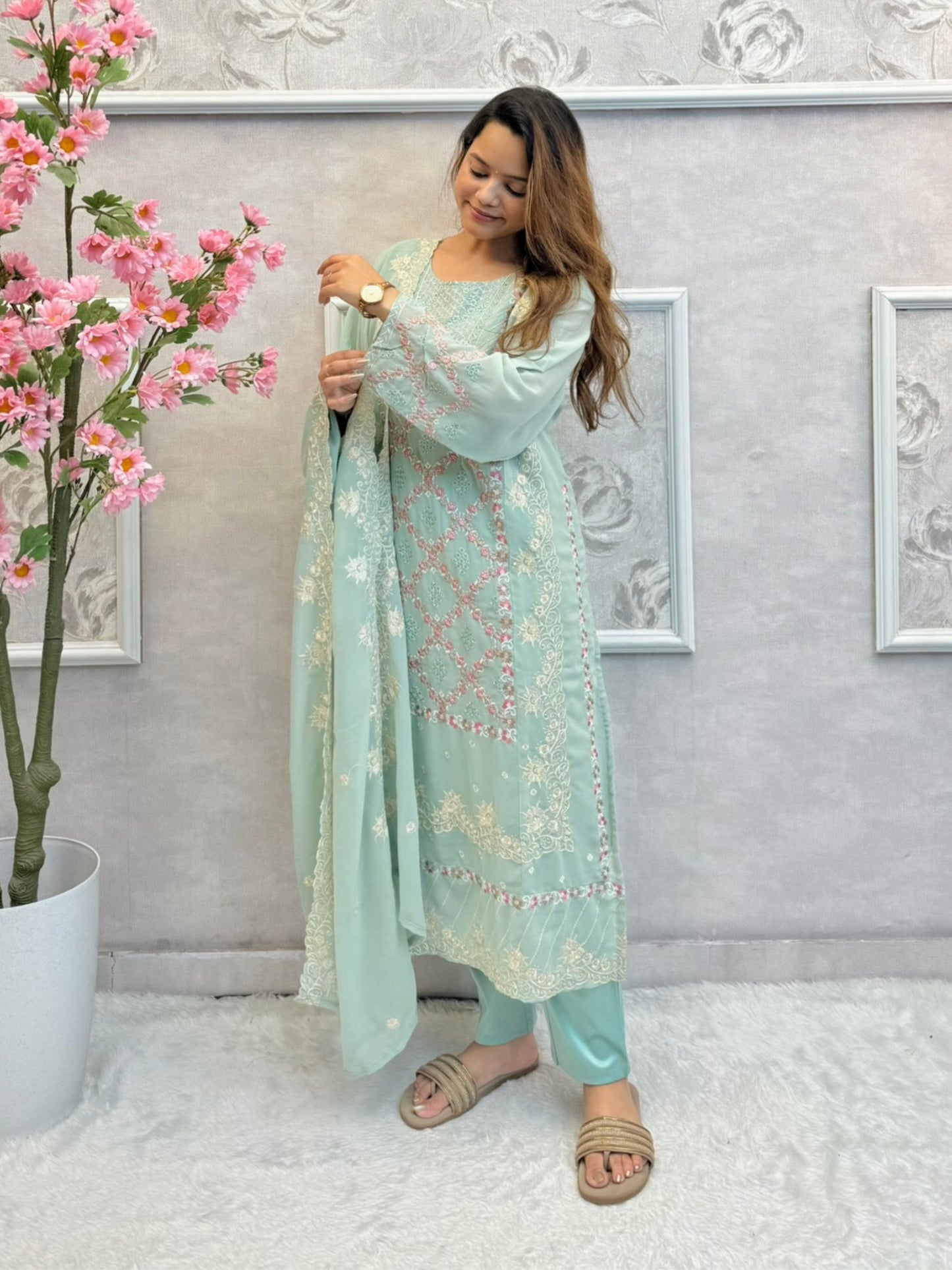 Mint green georgette embroidered kurta set with satin pant and matching dupatta – festive designer wear