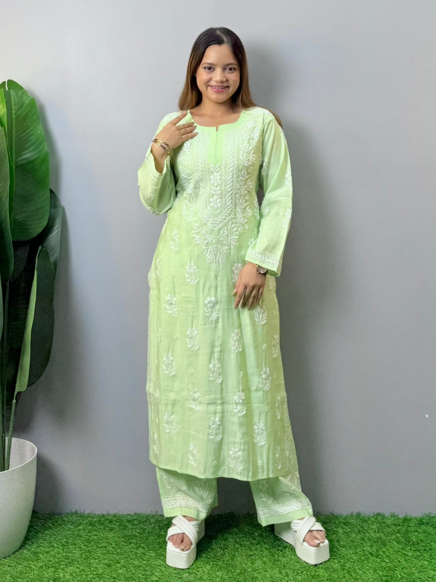 Pastel green chanderi chikankari kurta pant set with delicate white embroidery