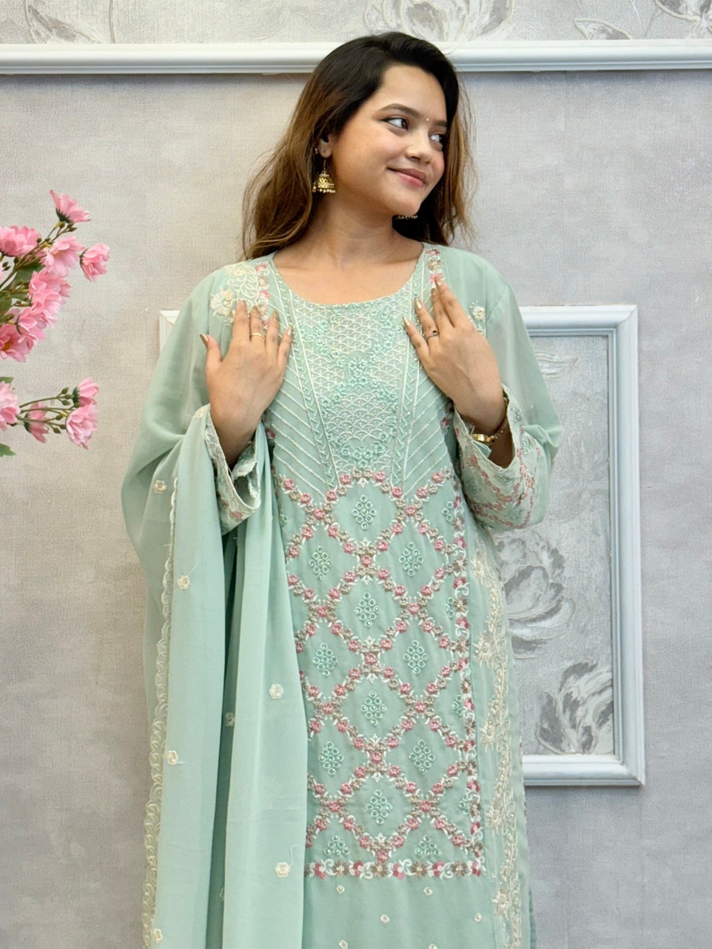 Mint green georgette embroidered kurta set with satin pant and matching dupatta – festive designer wear