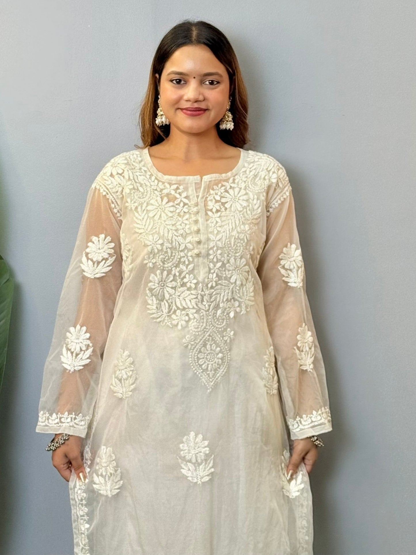 White organza chikankari kurta with premium hand embroidery, dyable