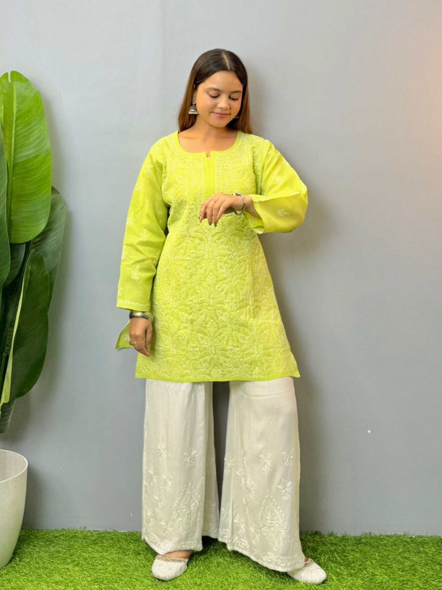 lime green kurta, voile cotton chikankari, Lucknowi embroidery, casual short kurta, premium quality ethnic wear, breathable kurta, summer kurta