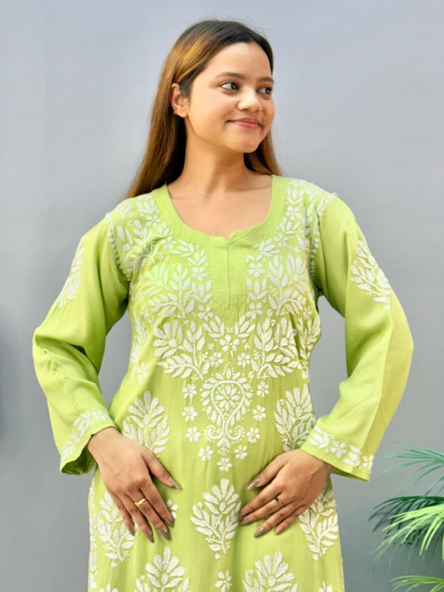 Pista green rayon Lucknow Chikankari kurta and palazzo set with white embroidery