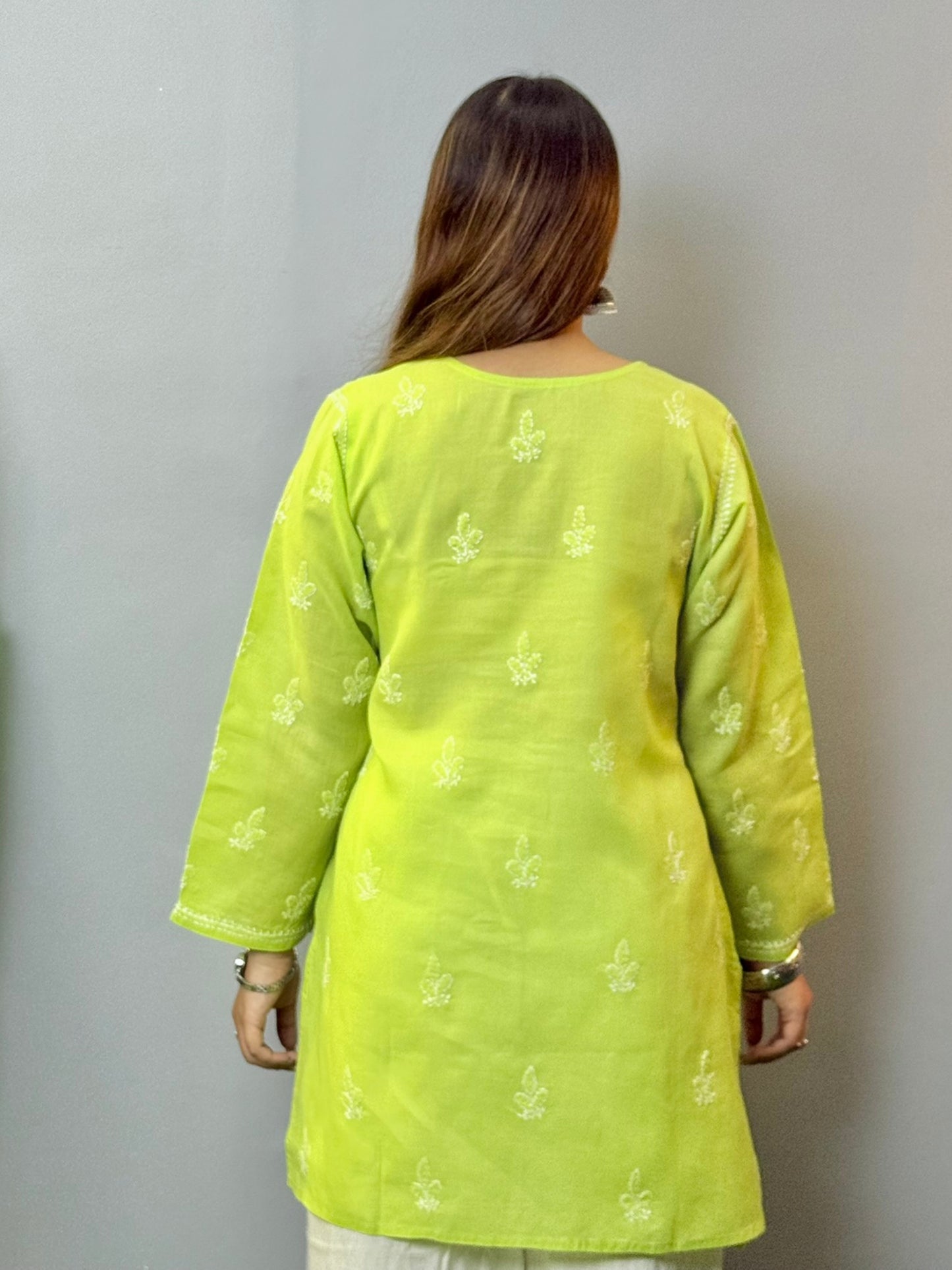 lime green kurta, voile cotton chikankari, Lucknowi embroidery, casual short kurta, premium quality ethnic wear, breathable kurta, summer kurta