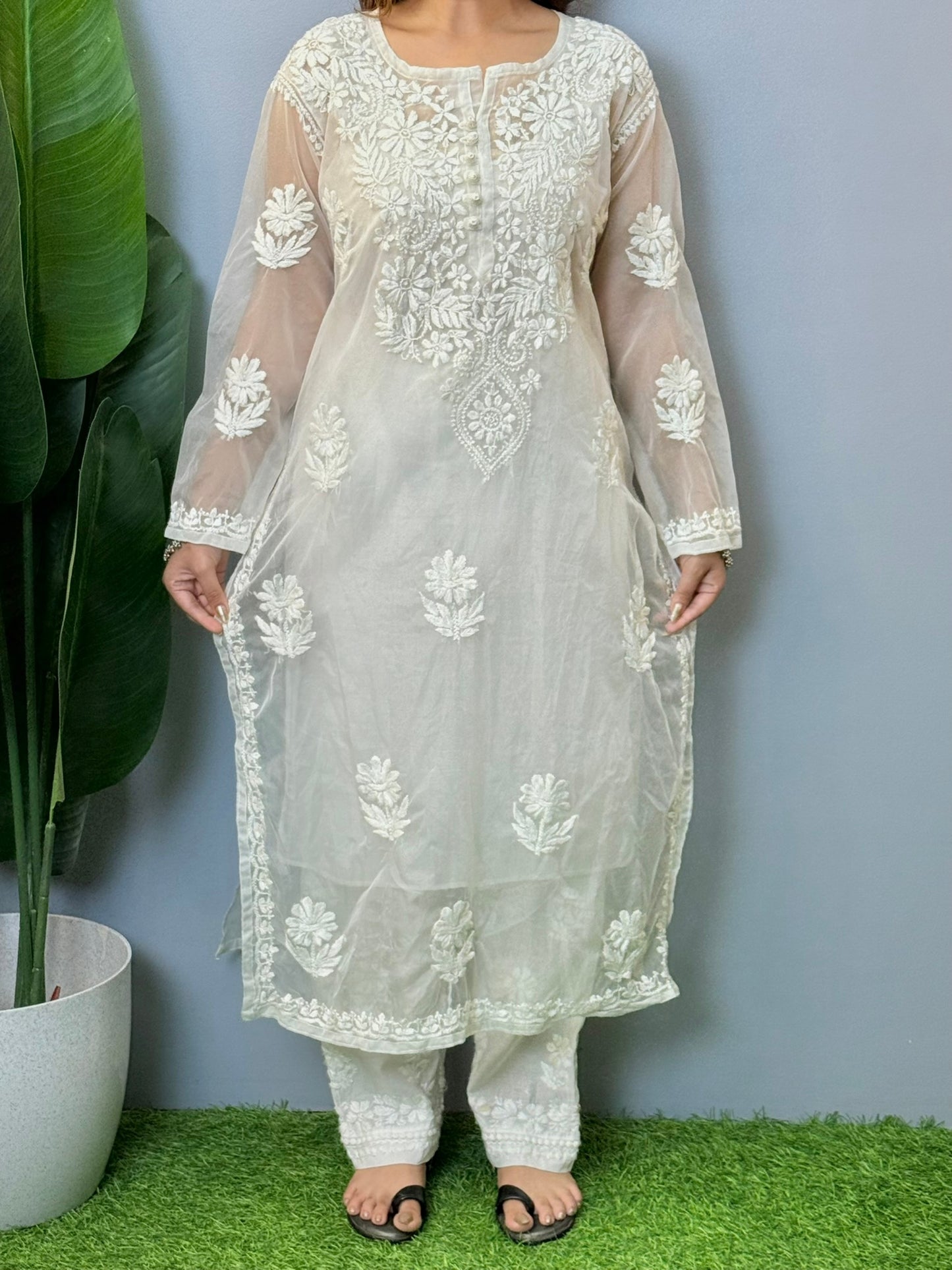 White organza chikankari kurta with premium hand embroidery, dyable