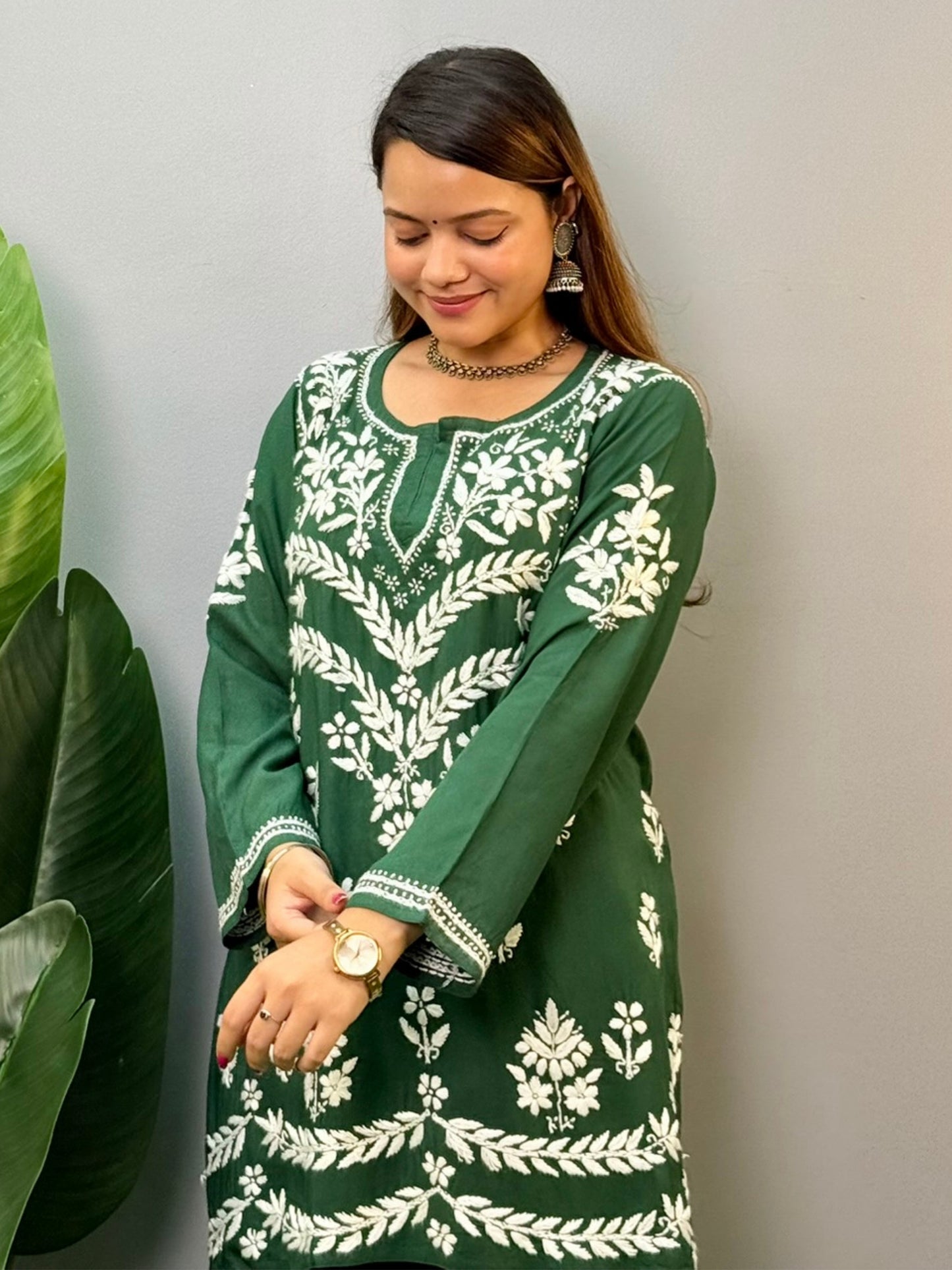 Bottle green rayon short chikankari kurta and pant set with white embroidery
