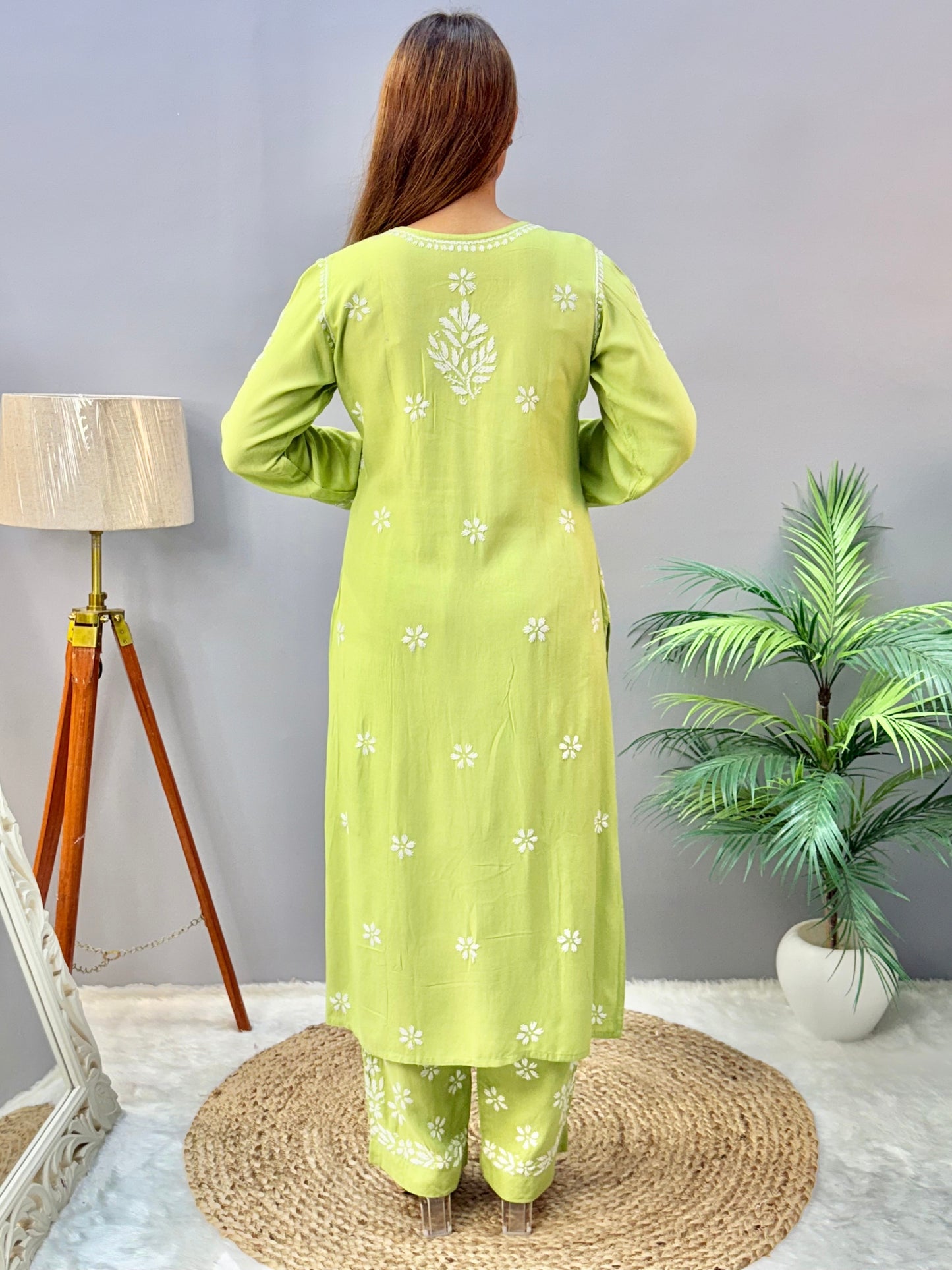 Pista green rayon Lucknow Chikankari kurta and palazzo set with white embroidery