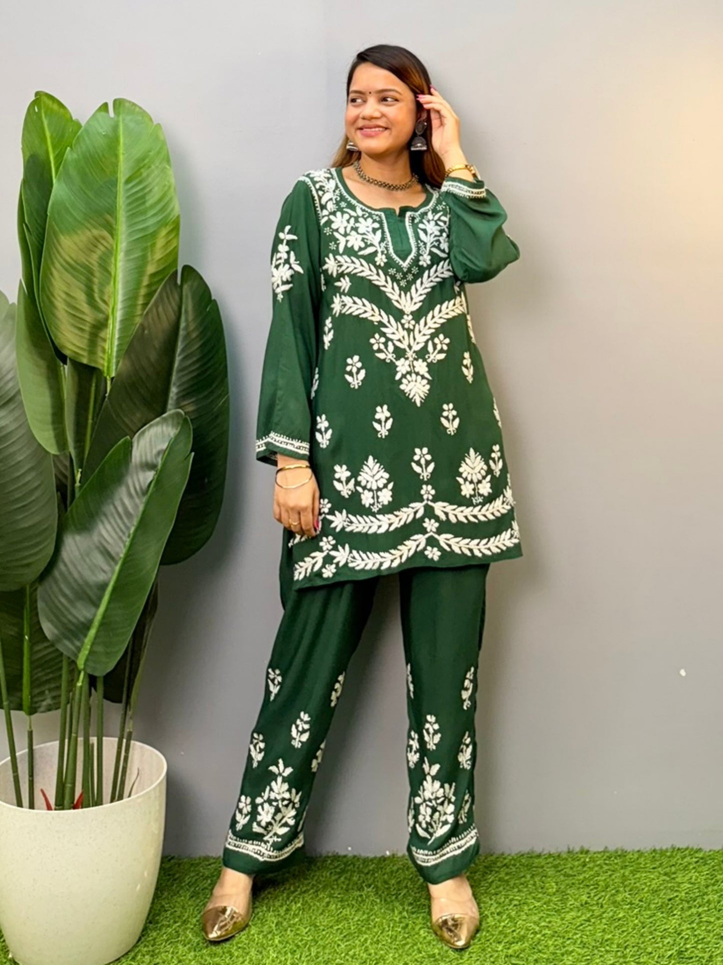 Bottle green rayon short chikankari kurta and pant set with white embroidery