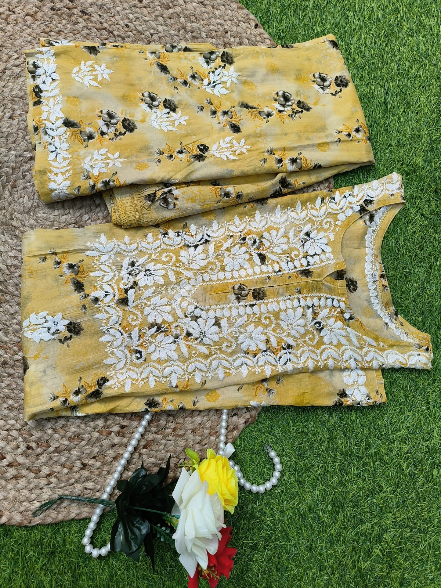 Premium Printed Mulmul Lucknowi Chikankari Kurta and Palazzo Set – Mustard Yellow Floral