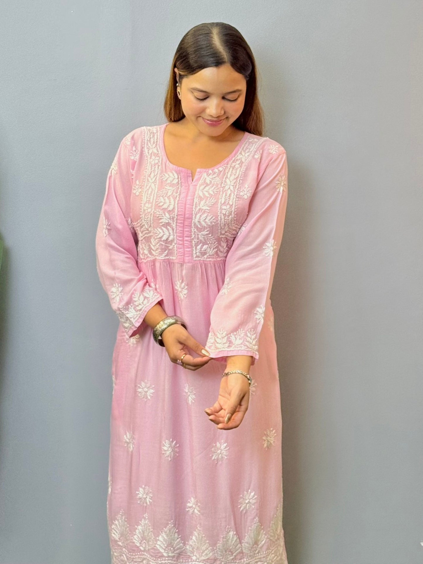 Baby pink modal short chikankari kurta with hand embroidery and both side pockets