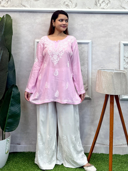 Baby pink Lucknow Chikankari short kurta in modal fabric with hand embroidery.