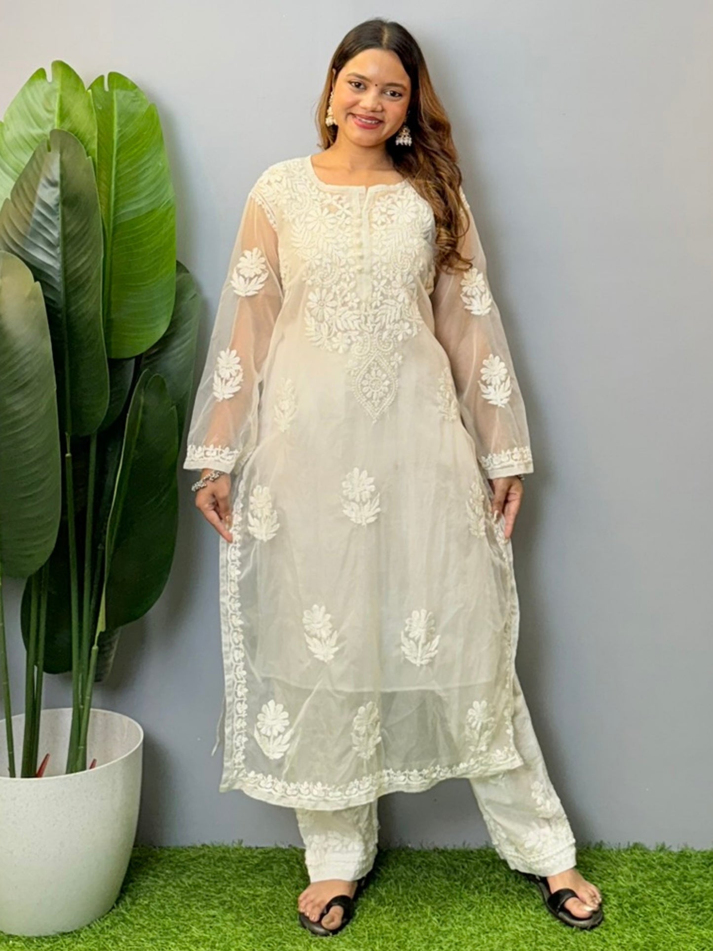 White organza chikankari kurta with premium hand embroidery, dyable
