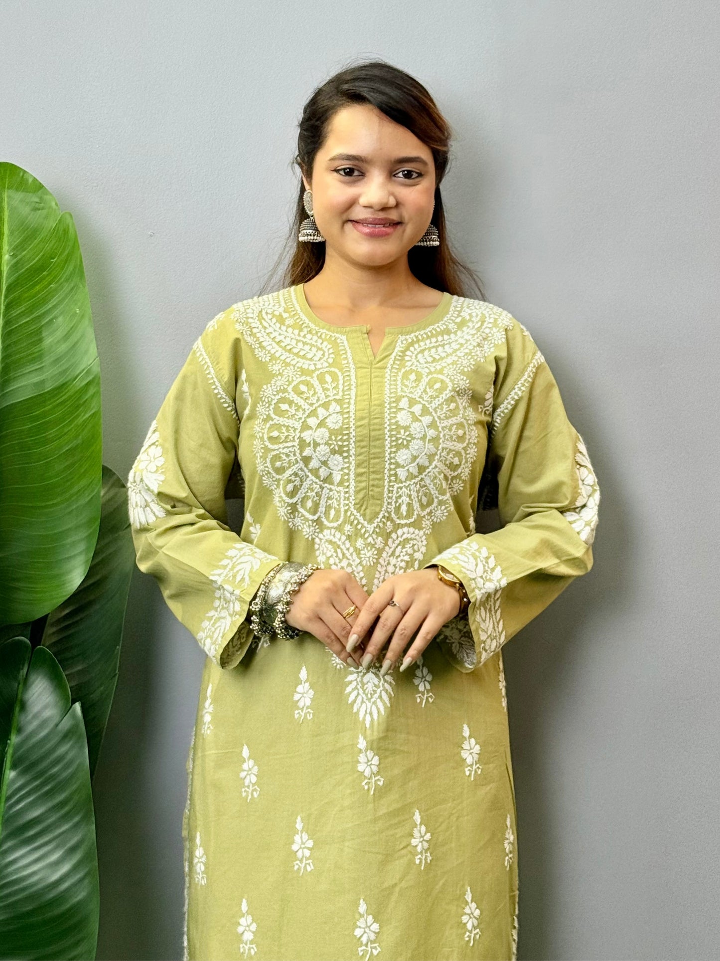Olive green cotton Lucknow Chikankari kurta with palazzo set featuring hand embroidery – R S Chikankari