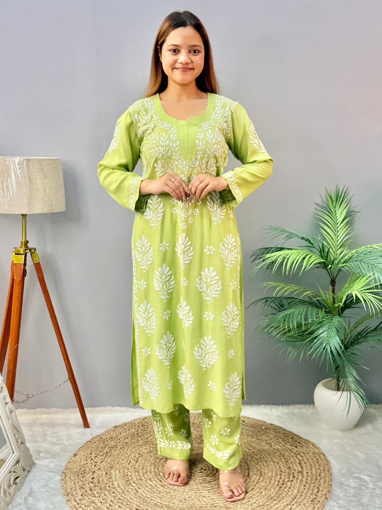 Pista green rayon Lucknow Chikankari kurta and palazzo set with white embroidery