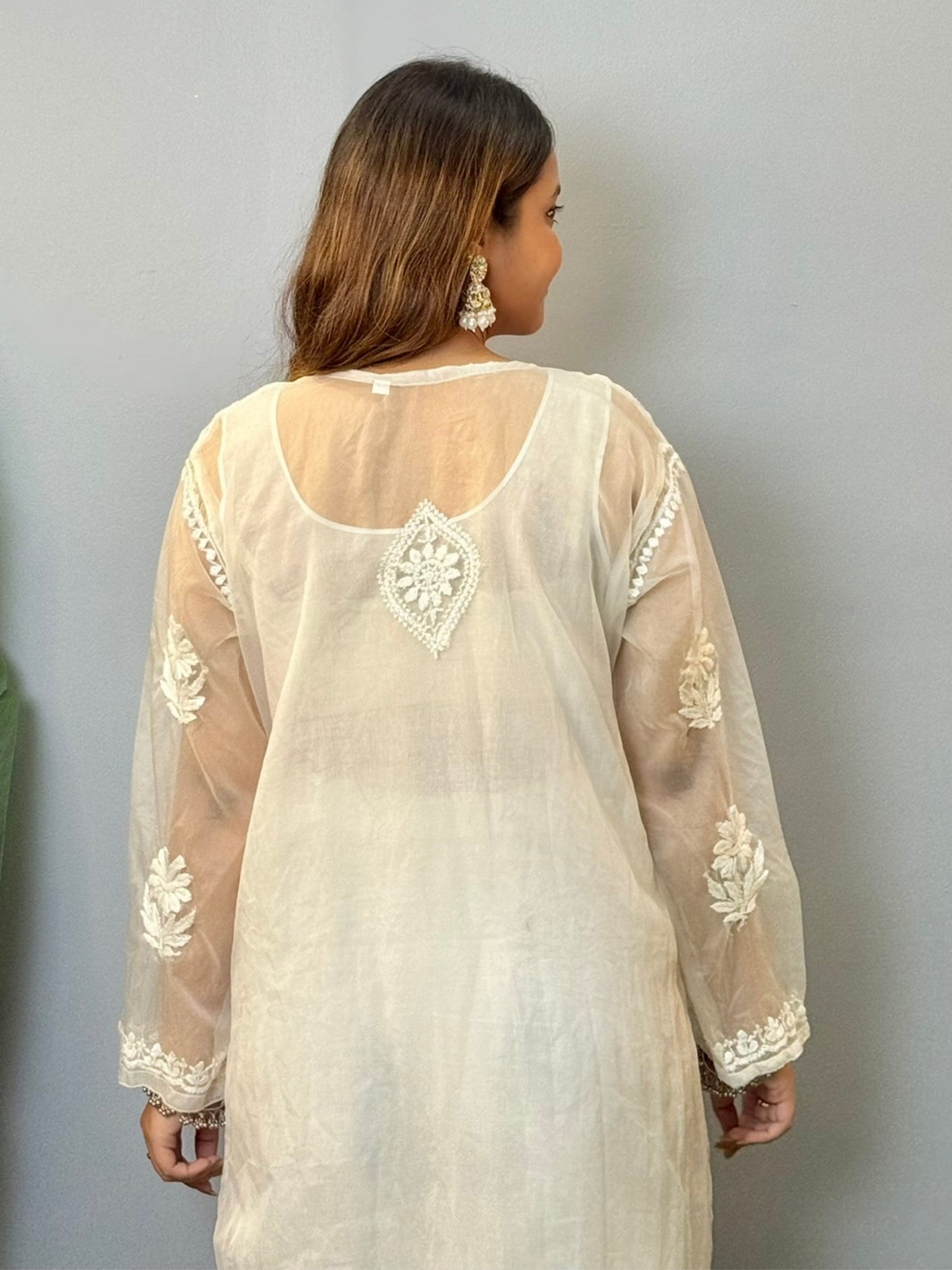 White organza chikankari kurta with premium hand embroidery, dyable
