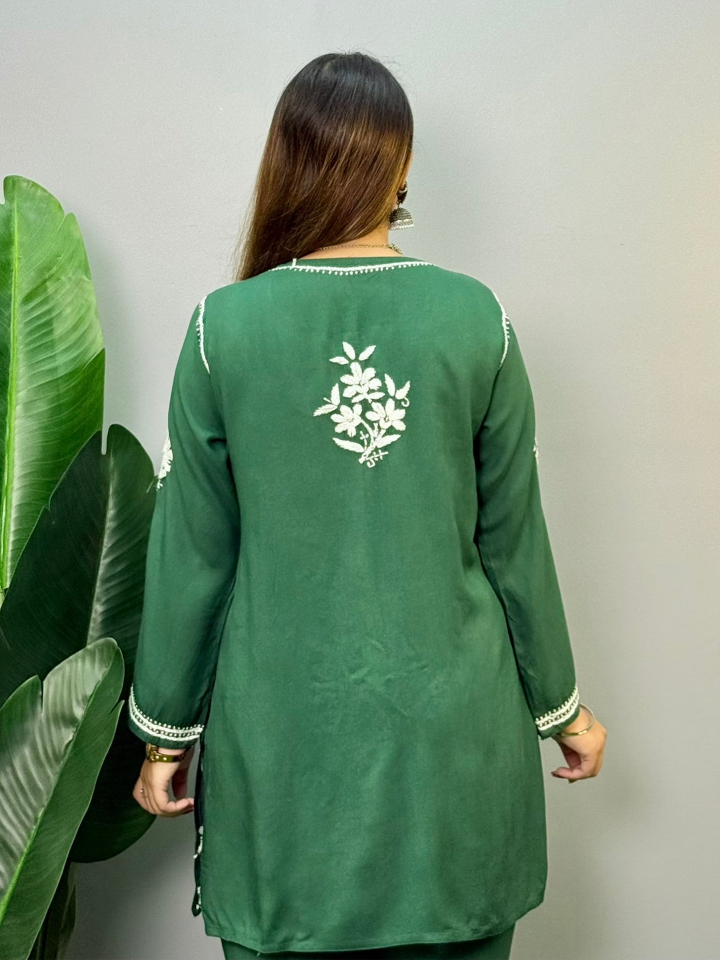 Bottle green rayon short chikankari kurta and pant set with white embroidery