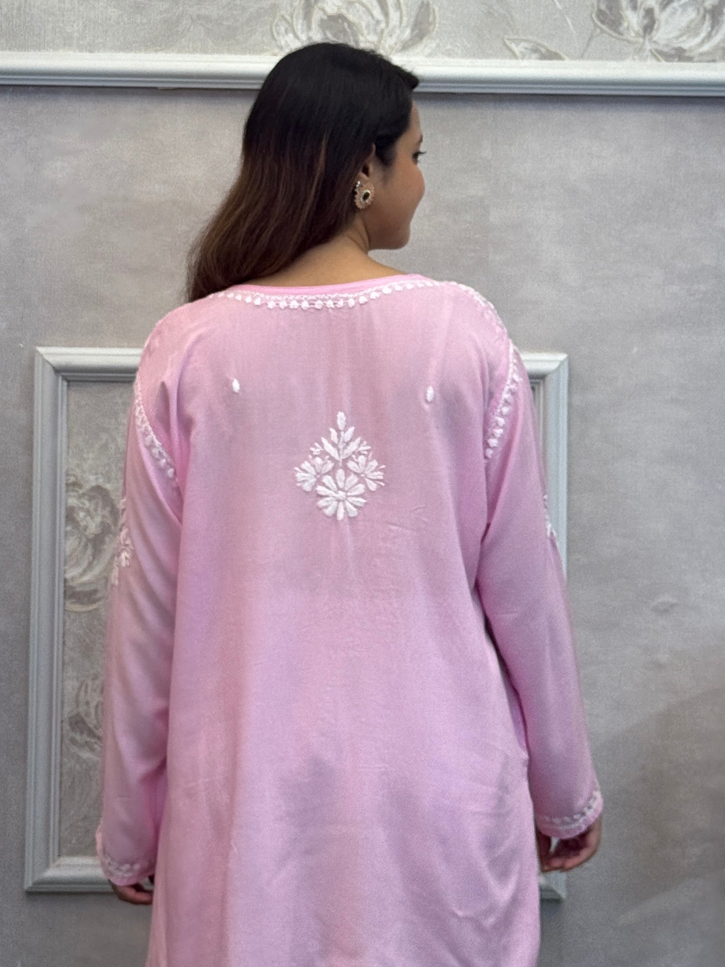 Baby pink Lucknow Chikankari short kurta in modal fabric with hand embroidery.