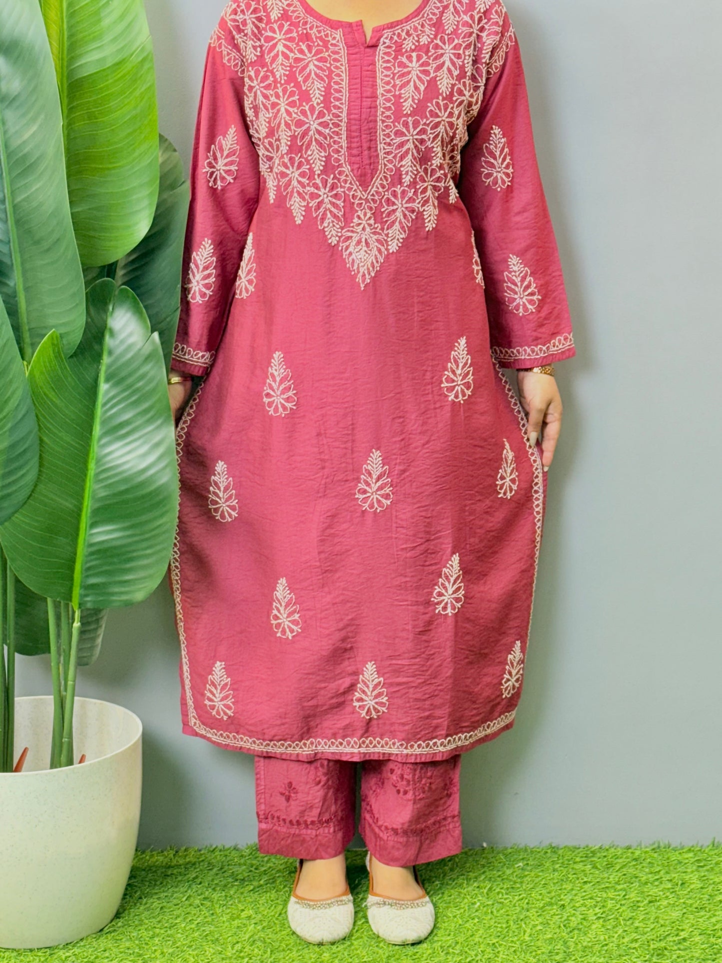 Lucknow Chikankari wine color Chanderi kurta and pant set with hand embroidery bakhiya work