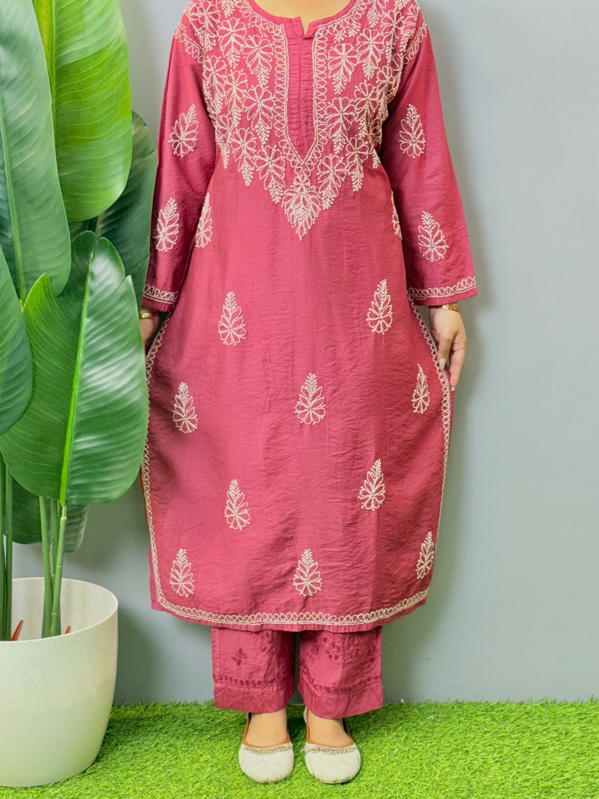 Lucknow Chikankari wine color Chanderi kurta and pant set with hand embroidery bakhiya work