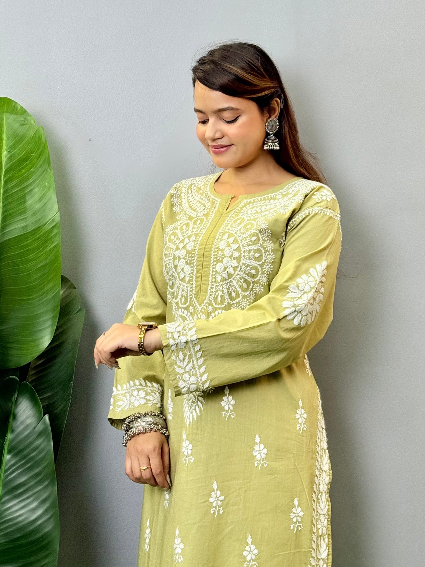 Olive green cotton Lucknow Chikankari kurta with palazzo set featuring hand embroidery – R S Chikankari