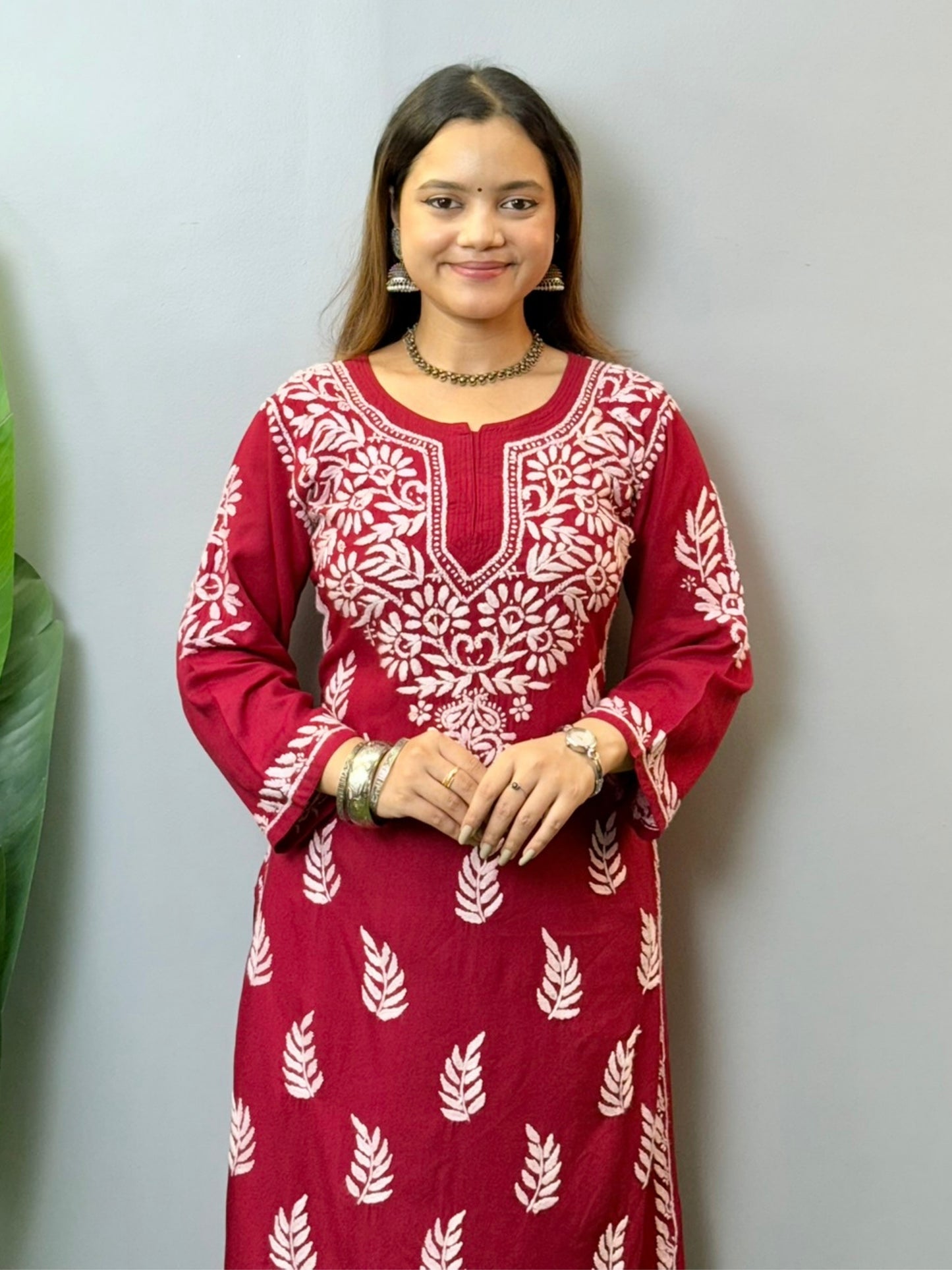 Maroon rayon Chikankari kurta pant set with hand embroidery – summer-ready ethnic outfit