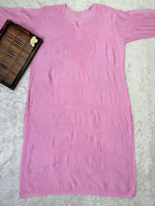 Baby Pink muslin chikankari kurta with hand embroidery