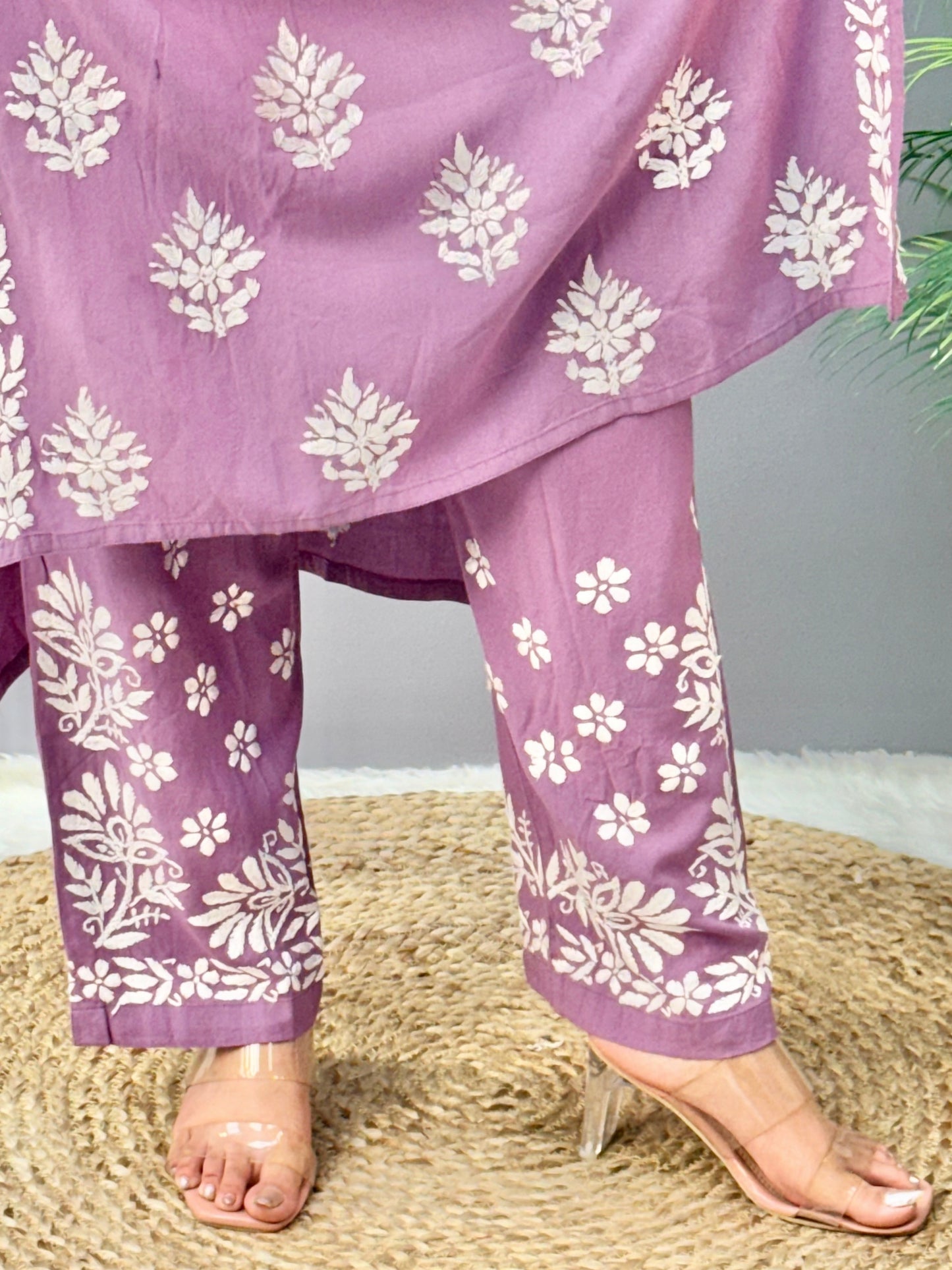 Mauve lavender rayon Lucknow Chikankari kurta and palazzo set with white embroidery