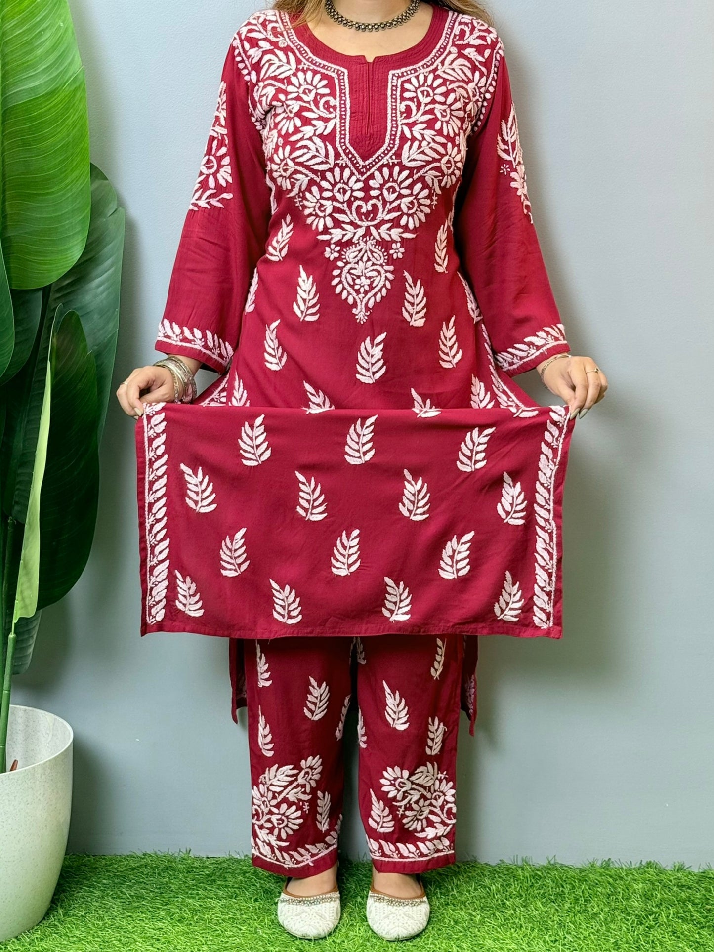 Maroon rayon Chikankari kurta pant set with hand embroidery – summer-ready ethnic outfit