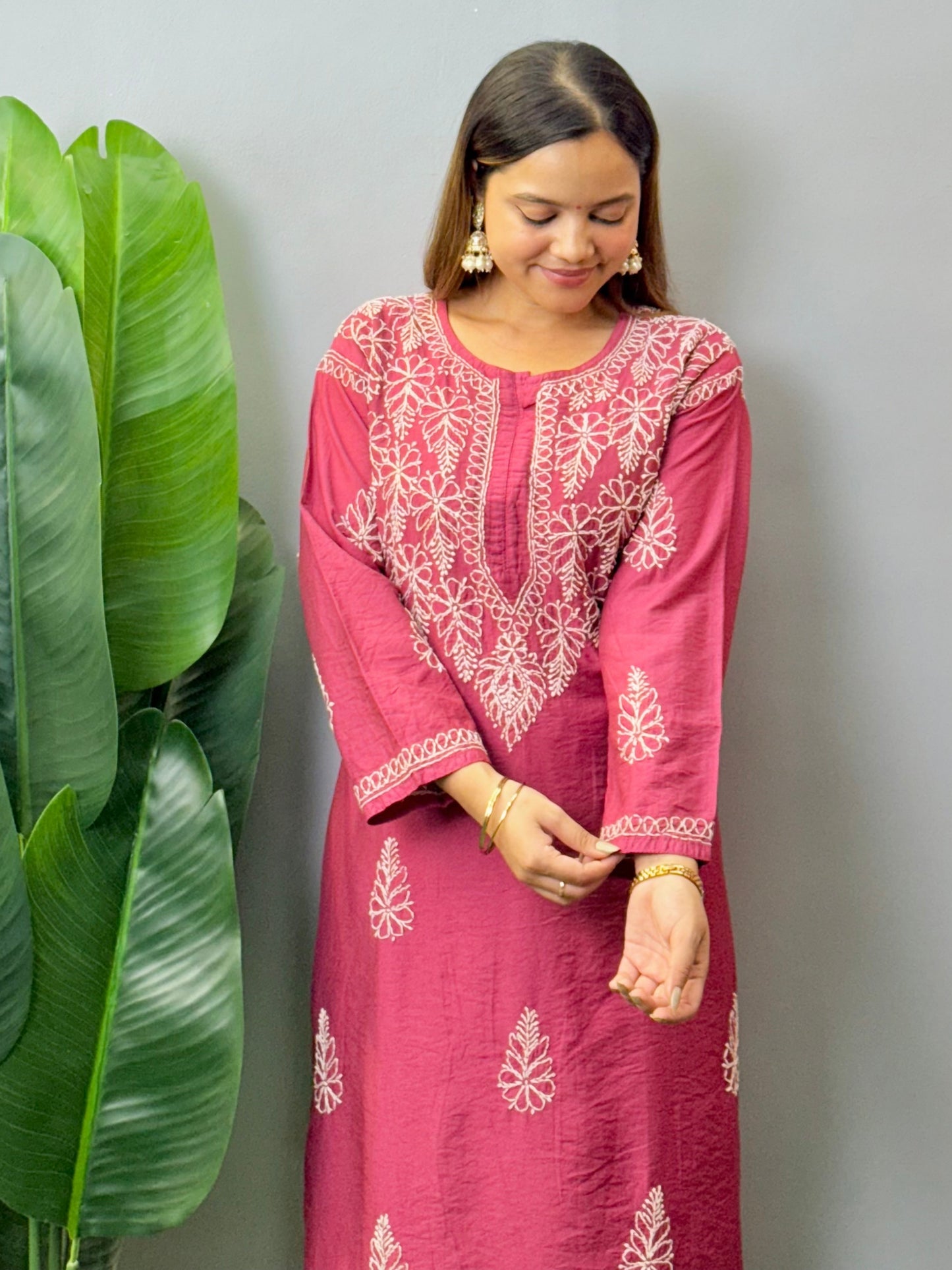 Lucknow Chikankari wine color Chanderi kurta and pant set with hand embroidery bakhiya work