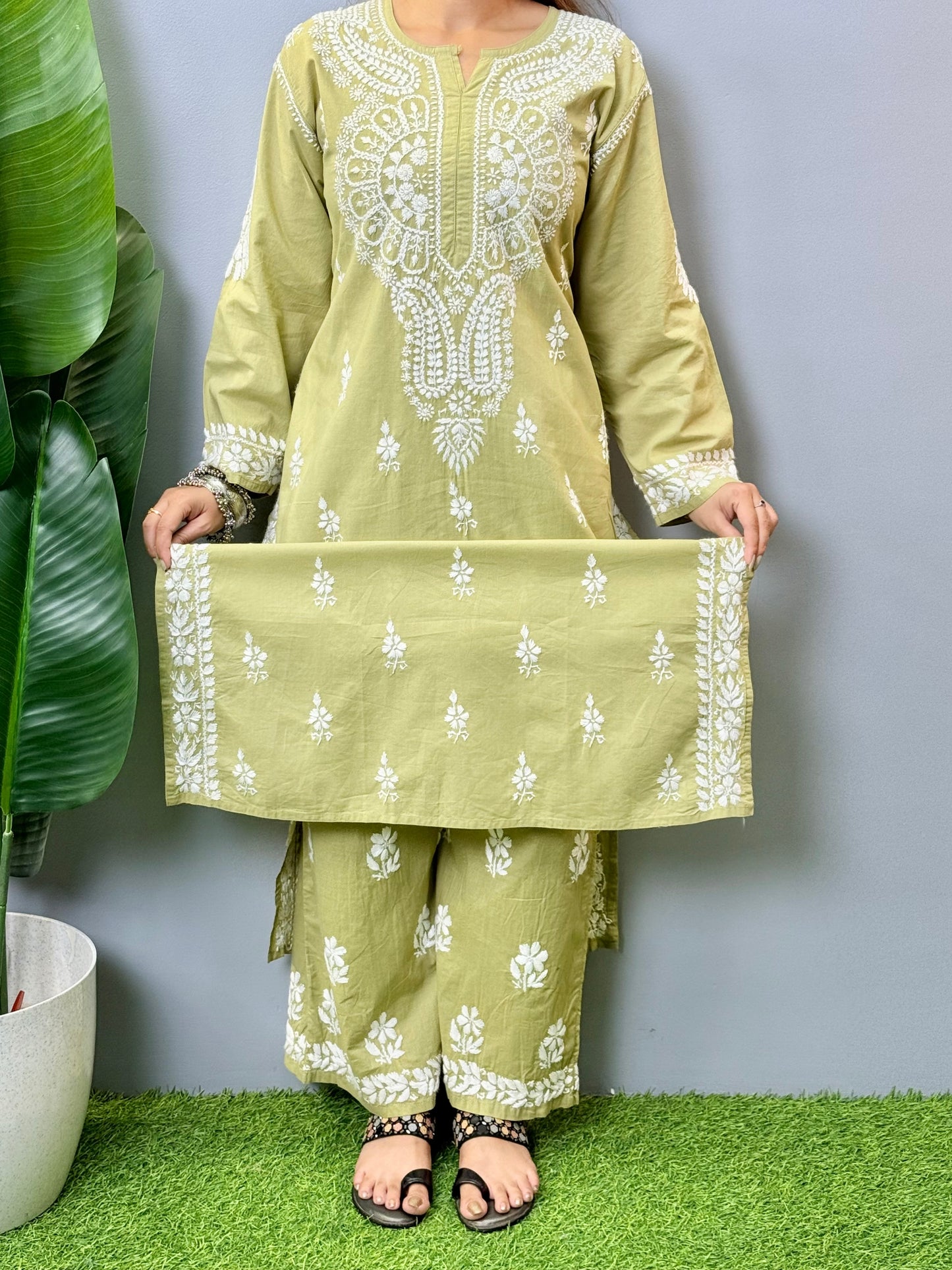 Olive green cotton Lucknow Chikankari kurta with palazzo set featuring hand embroidery – R S Chikankari