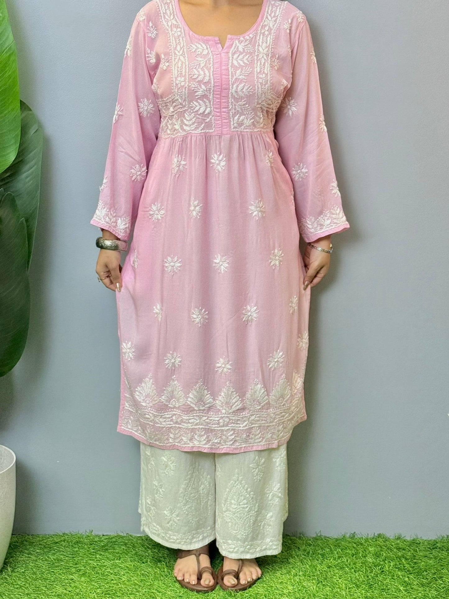 Baby pink modal short chikankari kurta with hand embroidery and both side pockets