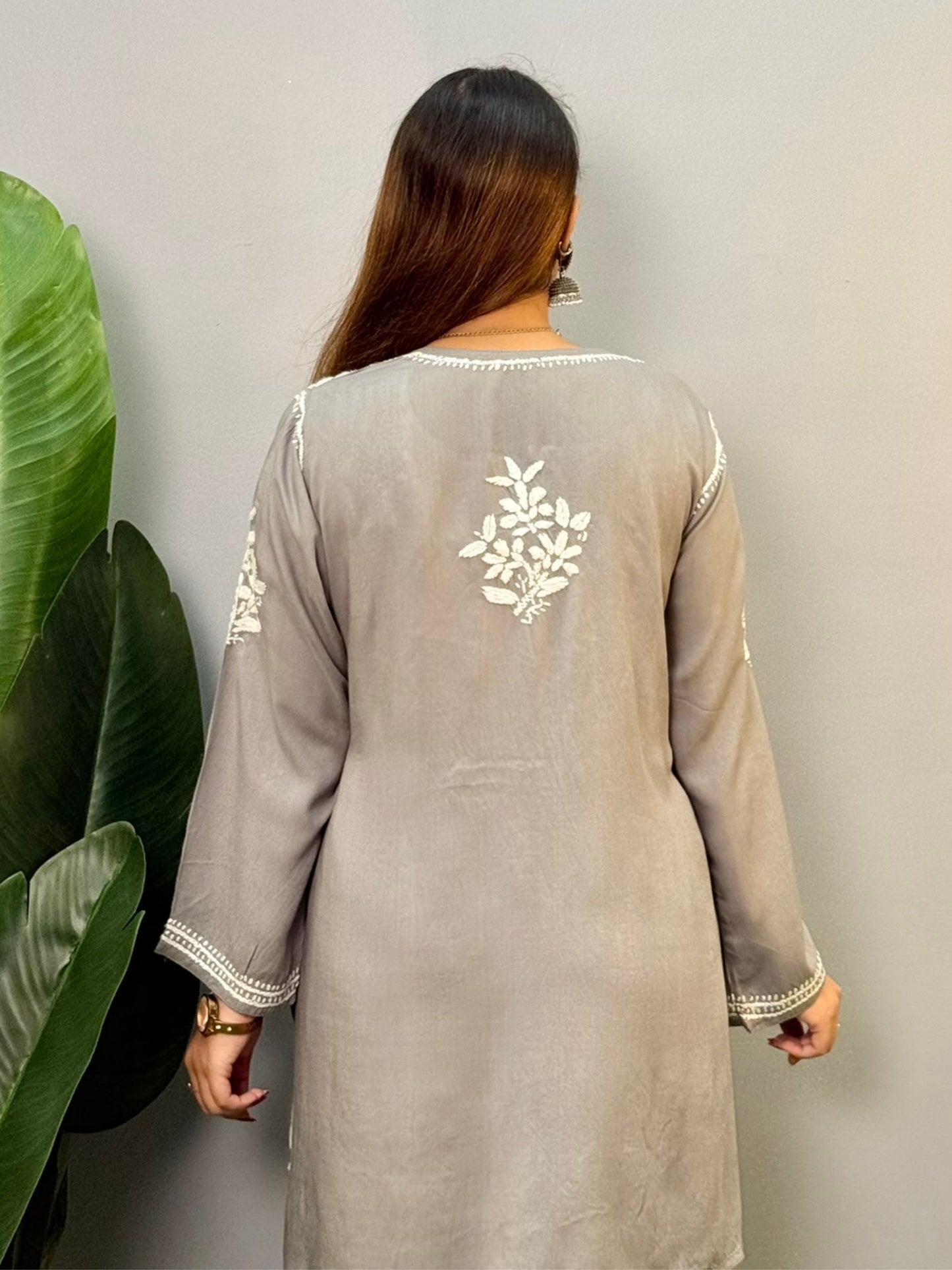 Grey rayon short chikankari kurta and pant set with white hand embroidery