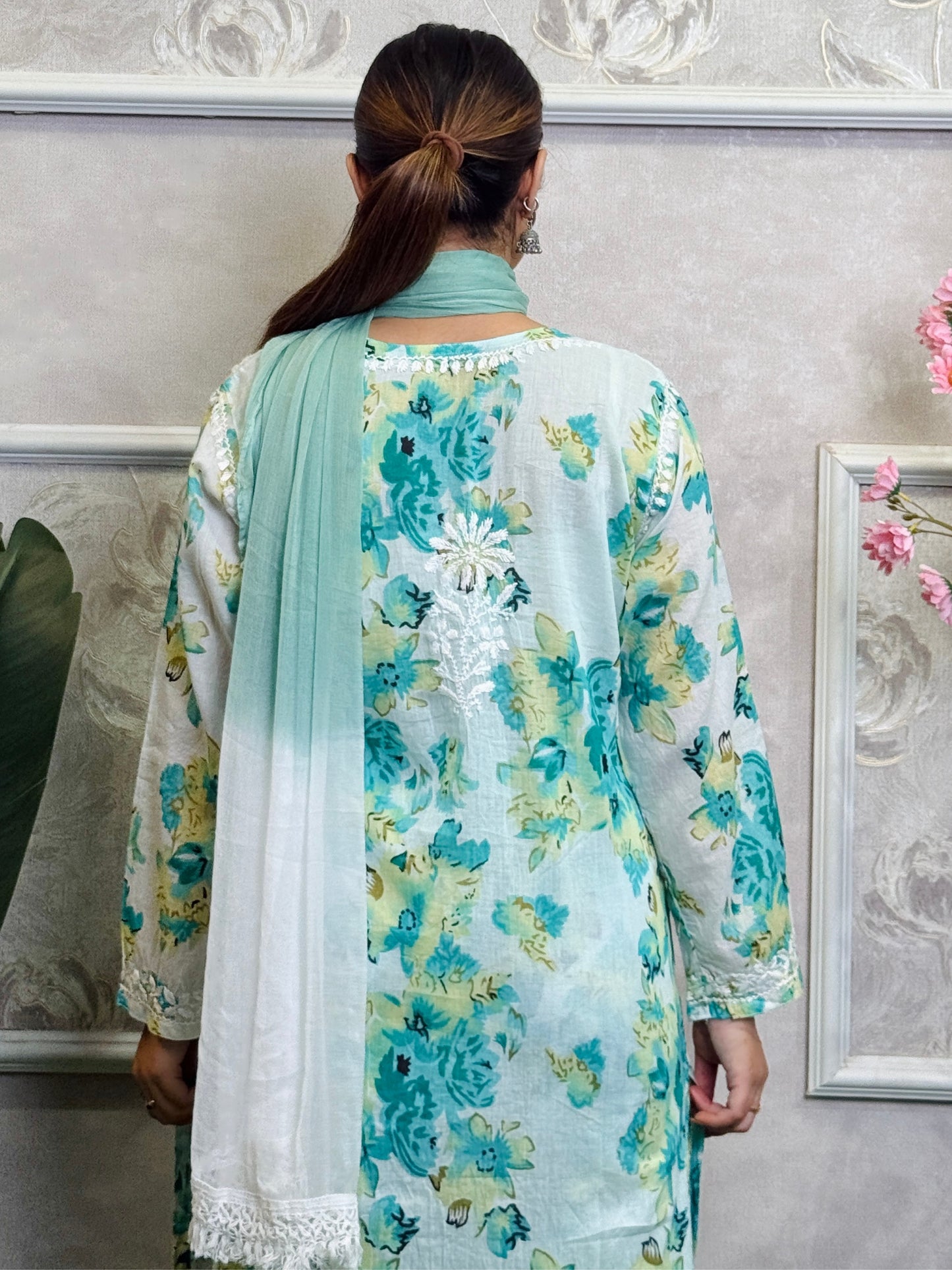 Lucknow Chikankari green floral printed mulmul kurta palazzo set with chiffon dupatta, hand embroidered and lightweight.