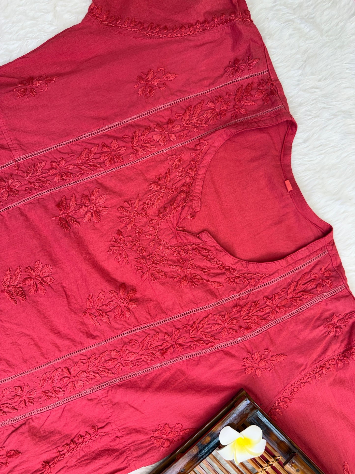 Red cotton pocket style chikankari short kurta with pant and hand embroidery