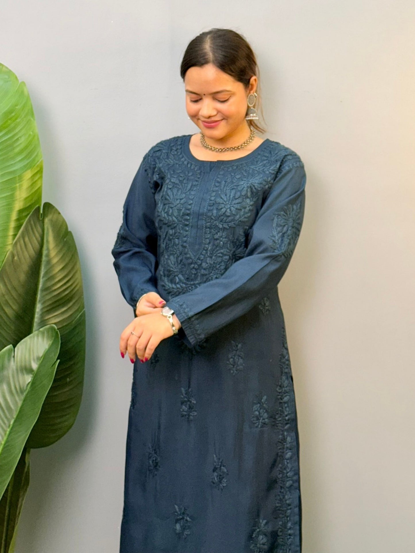 Navy blue Roman silk chikankari kurta and palazzo set with premium hand embroidery