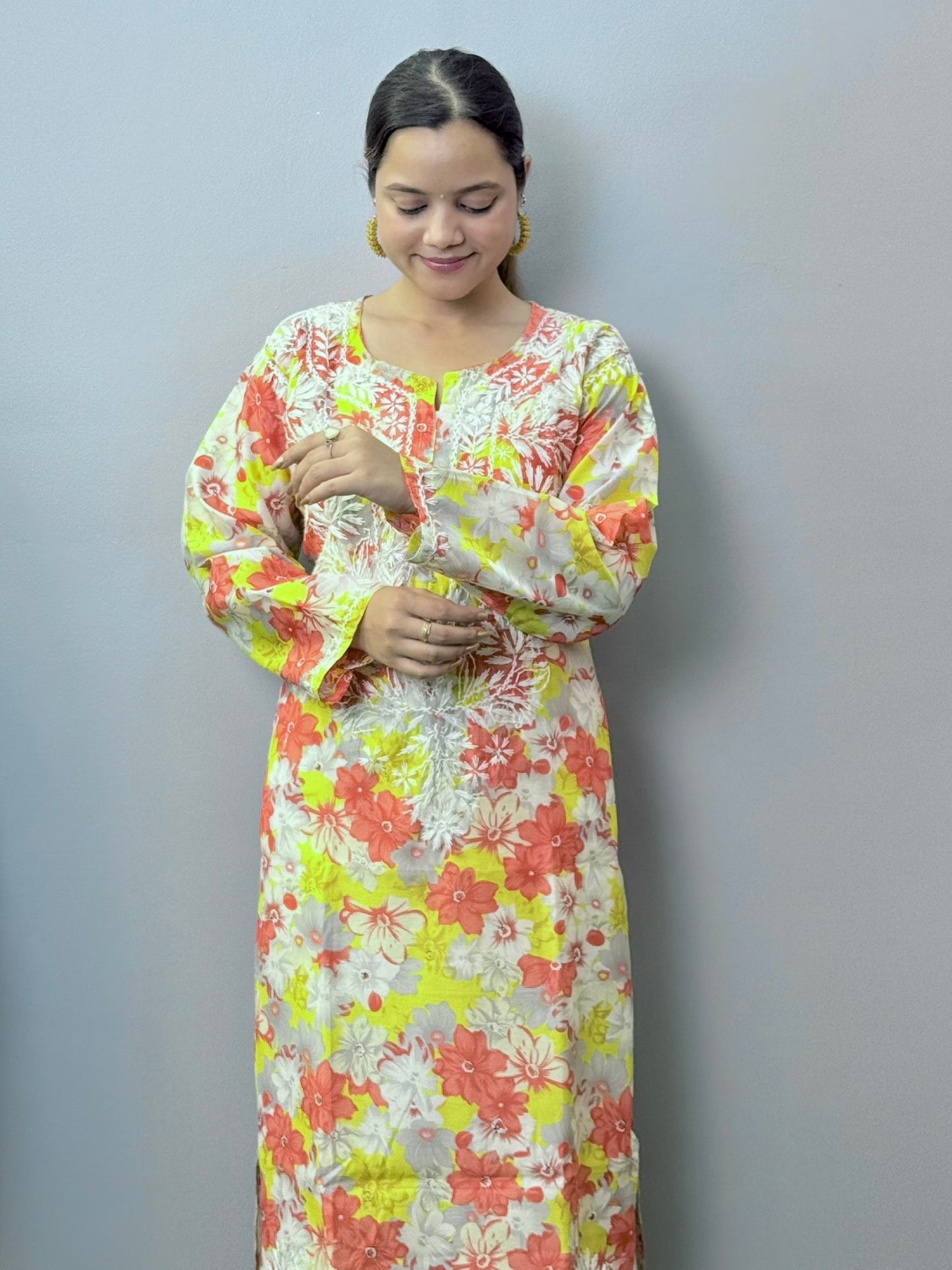 Floral multicolor printed crepe kurta with white hand chikankari embroidery