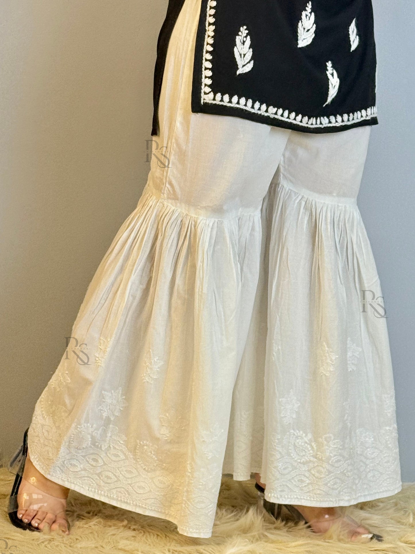 White cotton chikankari palazzo with hand embroidery – dyable bottom wear