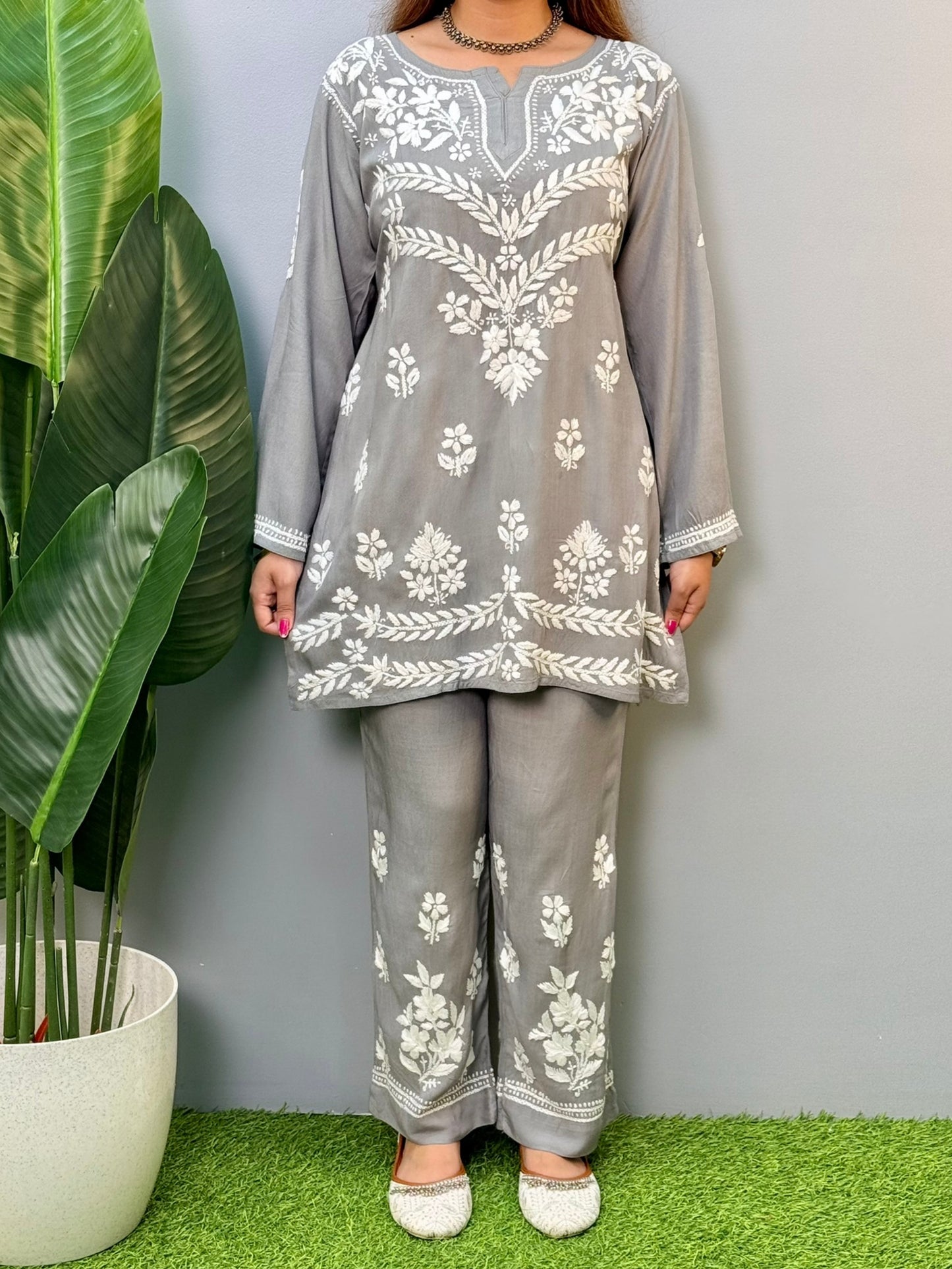 Grey rayon short chikankari kurta and pant set with white hand embroidery