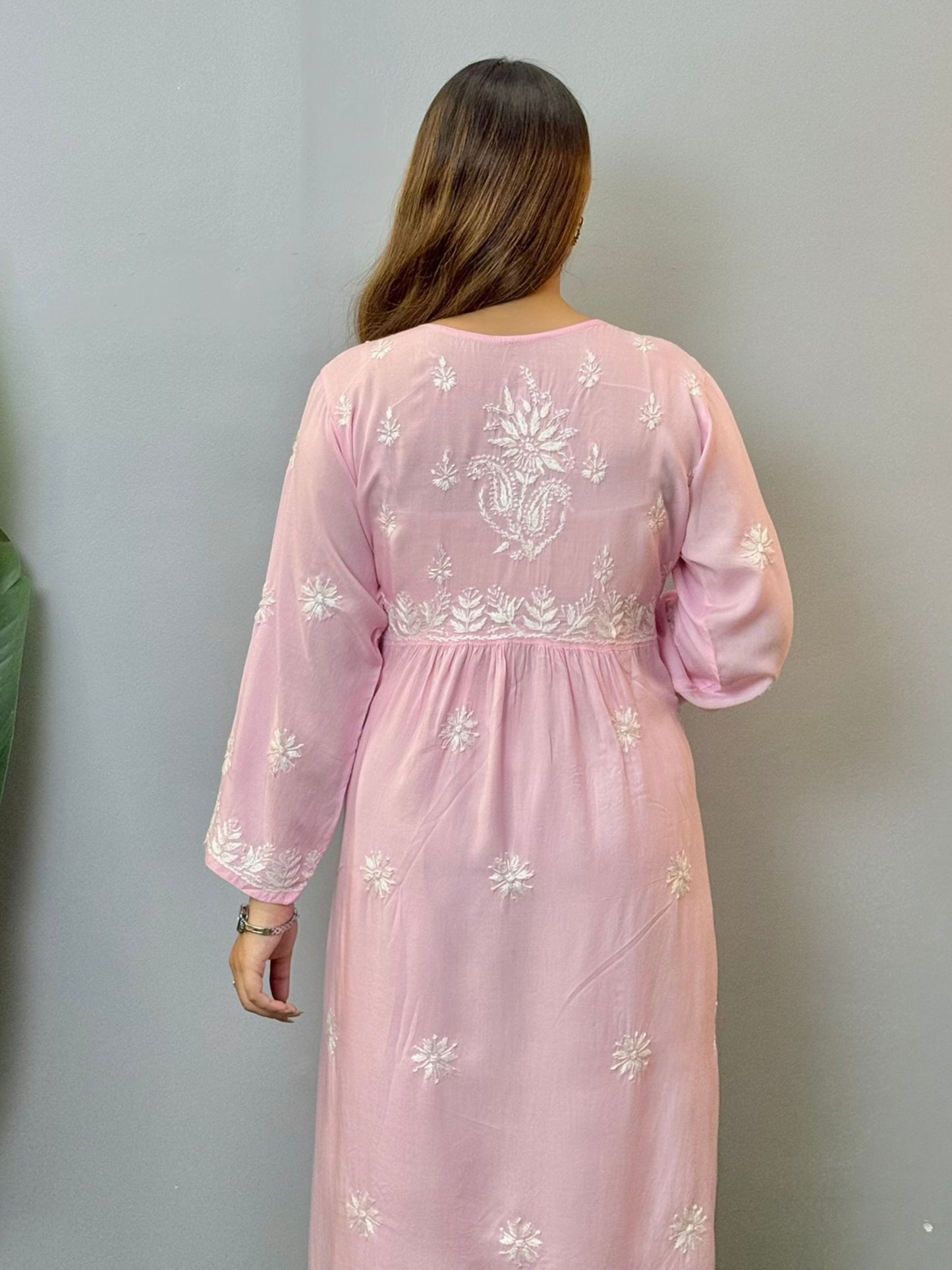 Baby pink modal short chikankari kurta with hand embroidery and both side pockets
