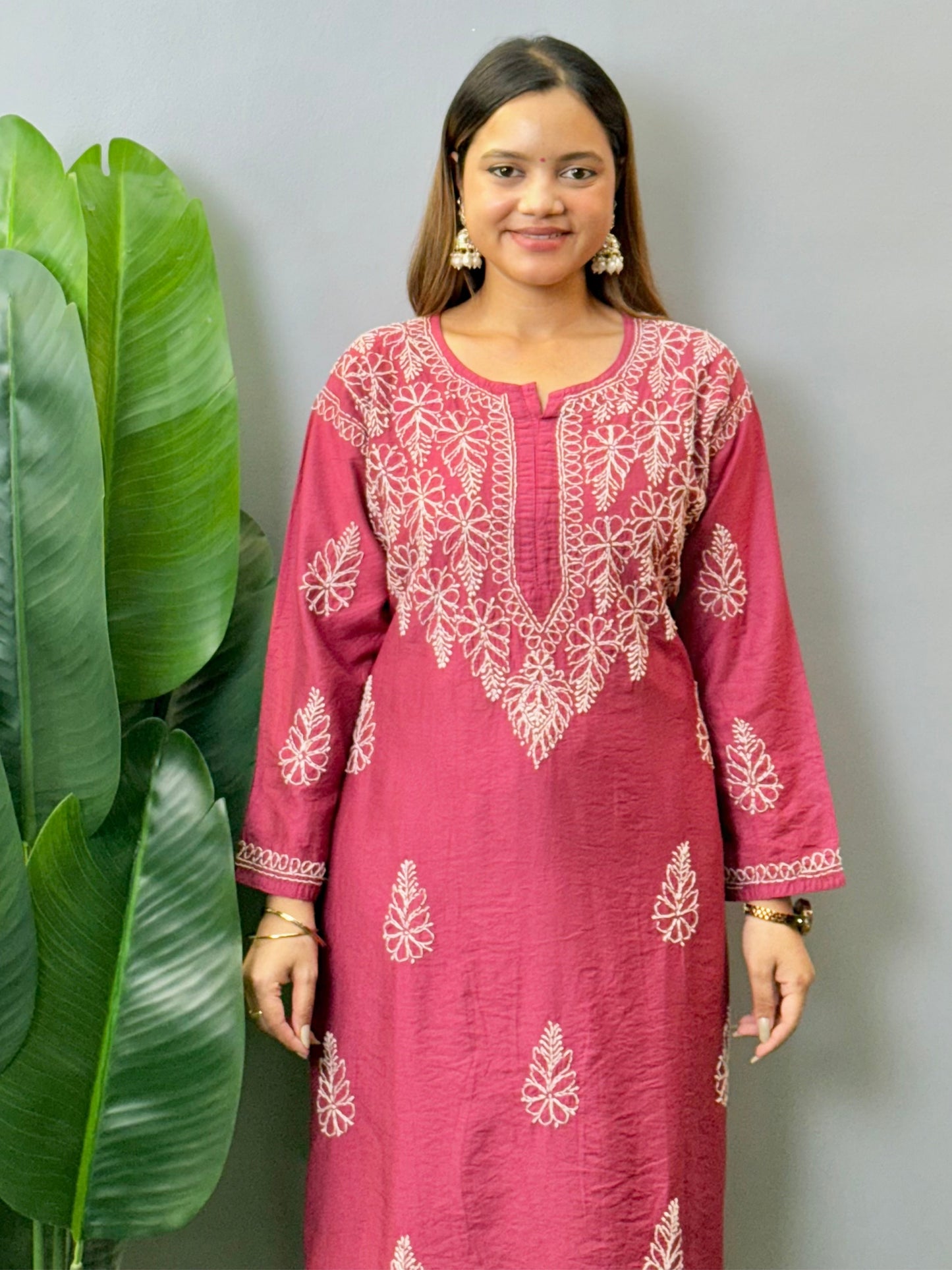 Lucknow Chikankari wine color Chanderi kurta and pant set with hand embroidery bakhiya work